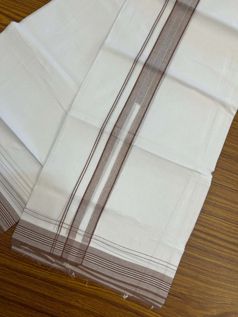 20% Discount ! Kaitharikada Balaramapuram 100% Cotton Pure White Double Mundu/Dothi - 100x80 - 1.5 inch Dark Brown Stripes Chutty Kara 4 mtr (8.5 muzham) - 13 KK5255 VAS