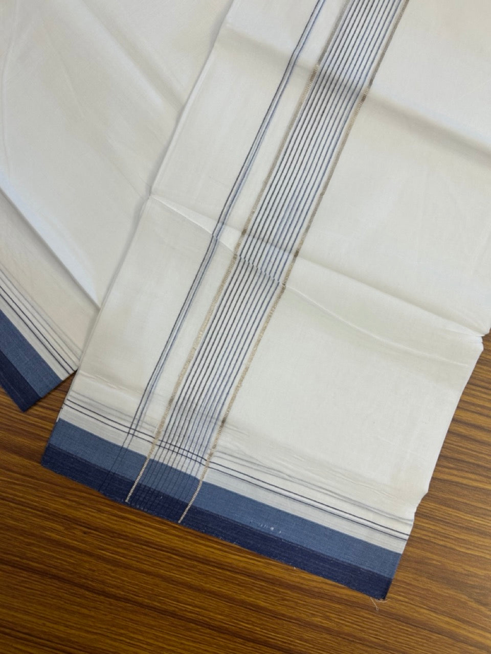 20% Discount ! Kaitharikada Balaramapuram 100% Cotton Pure White Double Mundu/Dothi - 100x80 - 1.75 inch Silver Kasav Light Ash Blue & Navy Blue Stripes Kara 4 mtr (8.5 muzham) - 26 KK5255 VAS