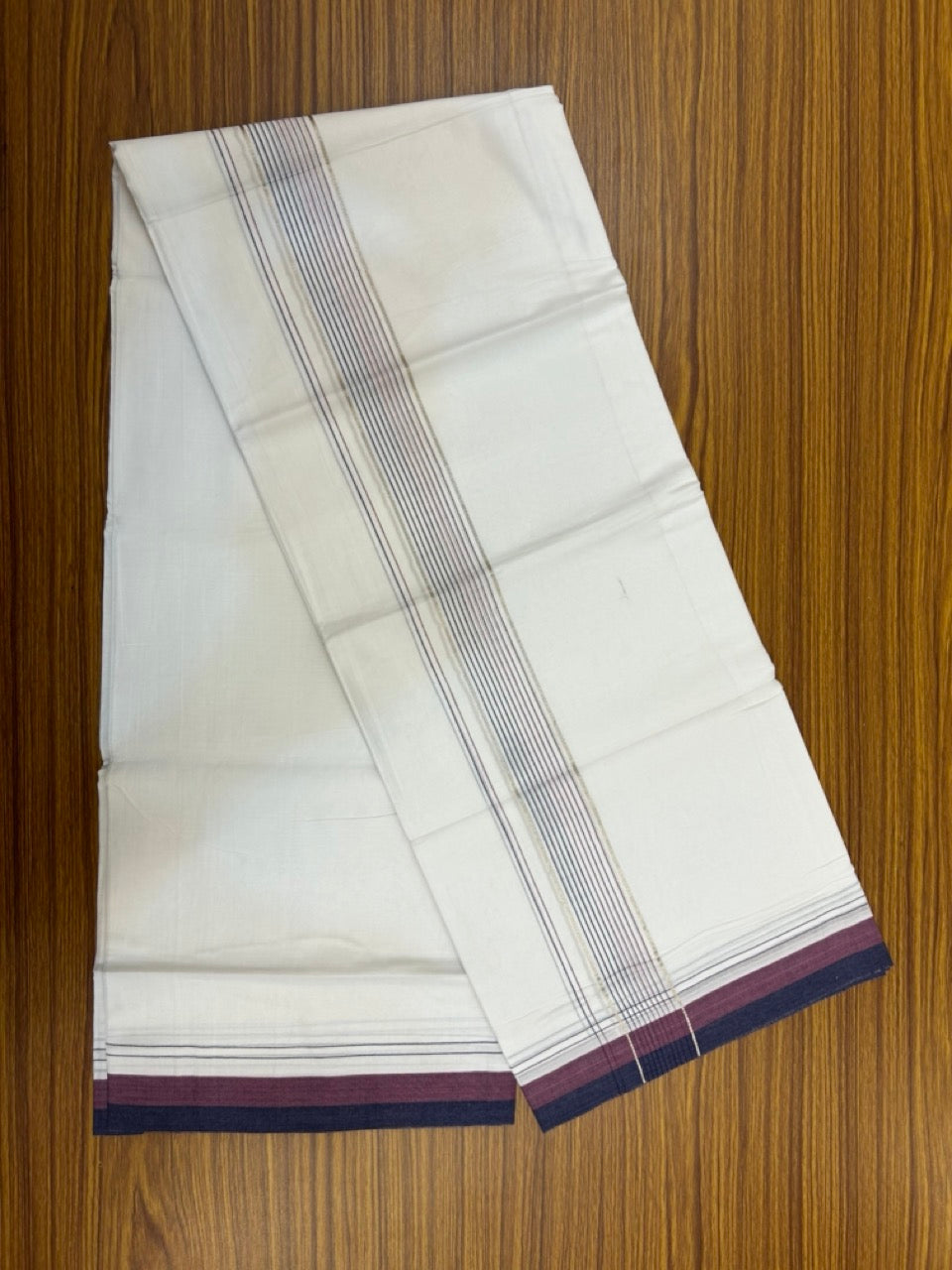 20% Discount ! Kaitharikada Balaramapuram 100% Cotton Pure White Double Mundu/Dothi - 100x80 - 1.75 inch Silver Kasav Navy Blue & Magenta Stripes Kara 4 mtr (8.5 muzham) - 19 KK5255 VAS