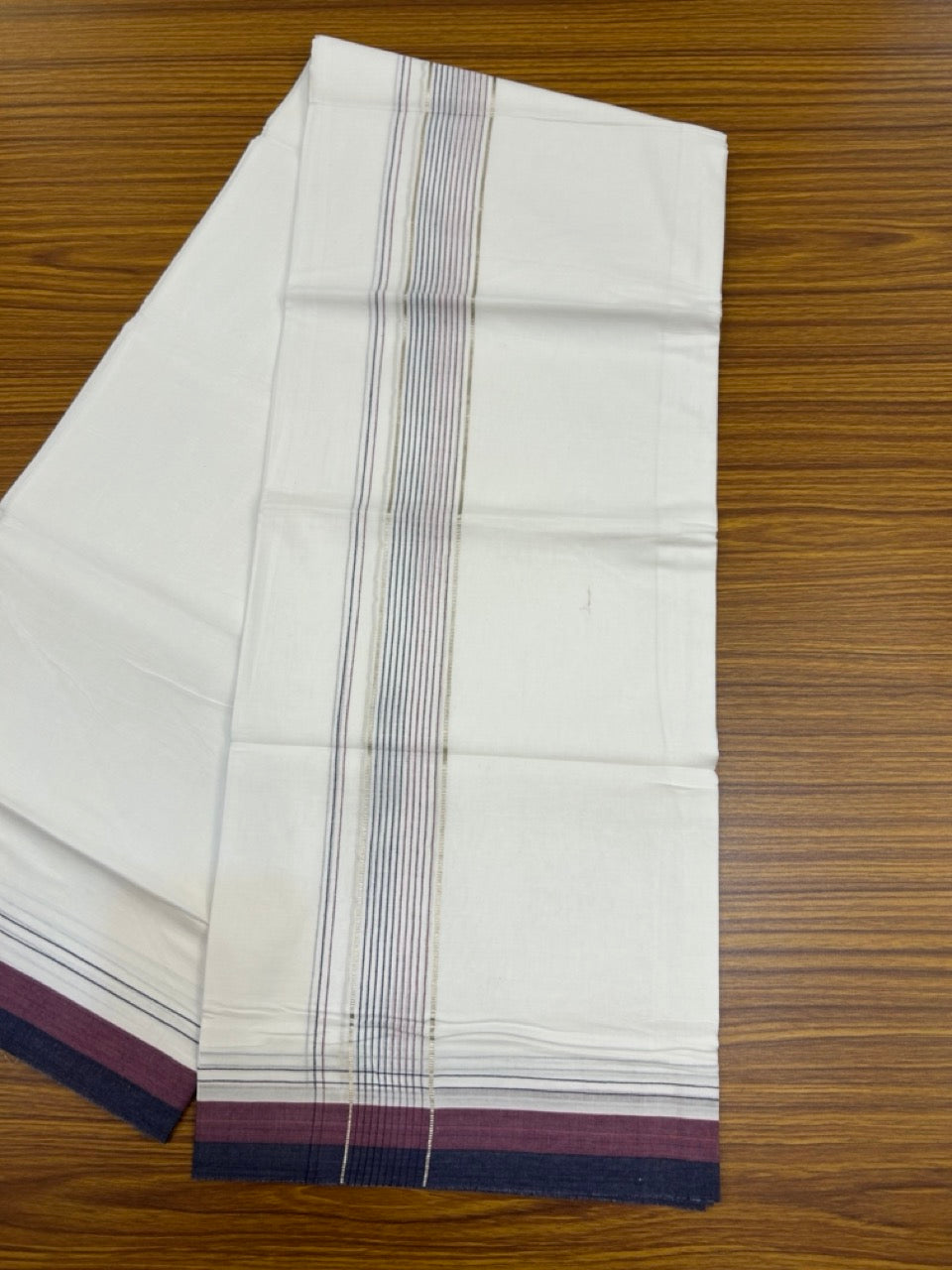 20% Discount ! Kaitharikada Balaramapuram 100% Cotton Pure White Double Mundu/Dothi - 100x80 - 1.75 inch Silver Kasav Navy Blue & Magenta Stripes Kara 4 mtr (8.5 muzham) - 19 KK5255 VAS