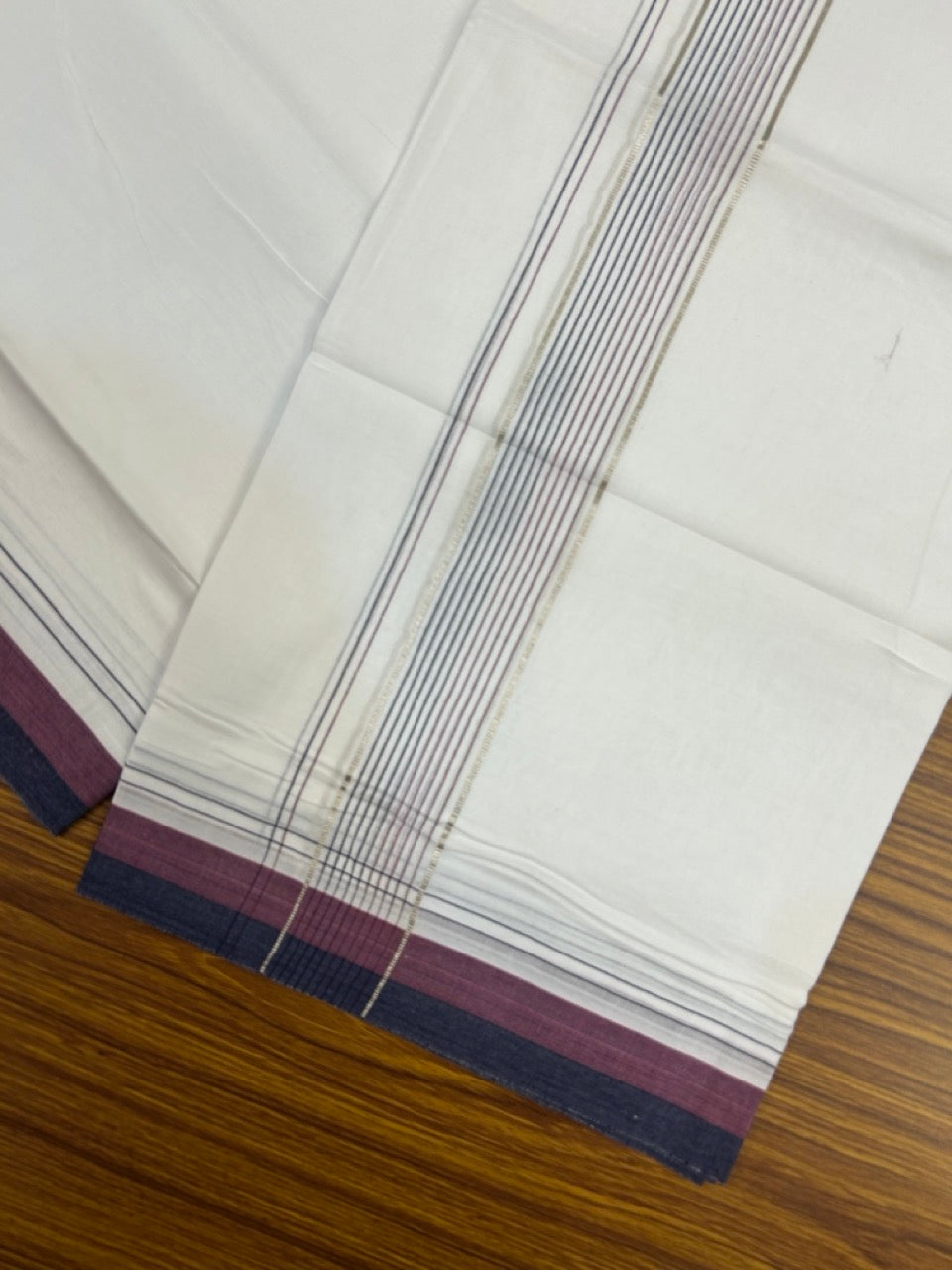 20% Discount ! Kaitharikada Balaramapuram 100% Cotton Pure White Double Mundu/Dothi - 100x80 - 1.75 inch Silver Kasav Navy Blue & Magenta Stripes Kara 4 mtr (8.5 muzham) - 19 KK5255 VAS