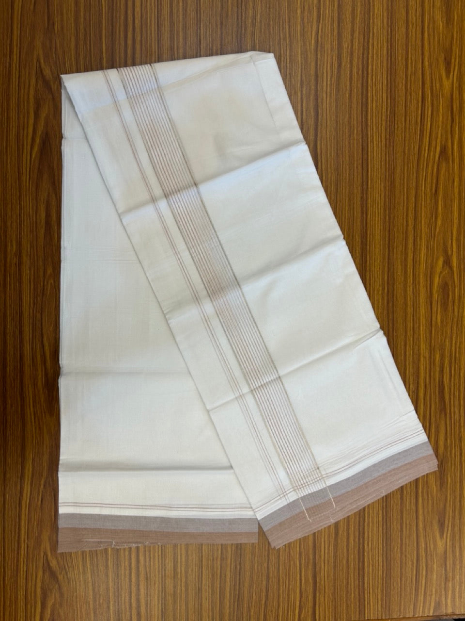 20% Discount ! Kaitharikada Balaramapuram 100% Cotton Pure White Double Mundu/Dothi - 100x80 - 1.75 inch Silver Kasav Pestel Grey & Light Brown Stripes Kara 4 mtr (8.5 muzham) - 18 KK5255 VAS
