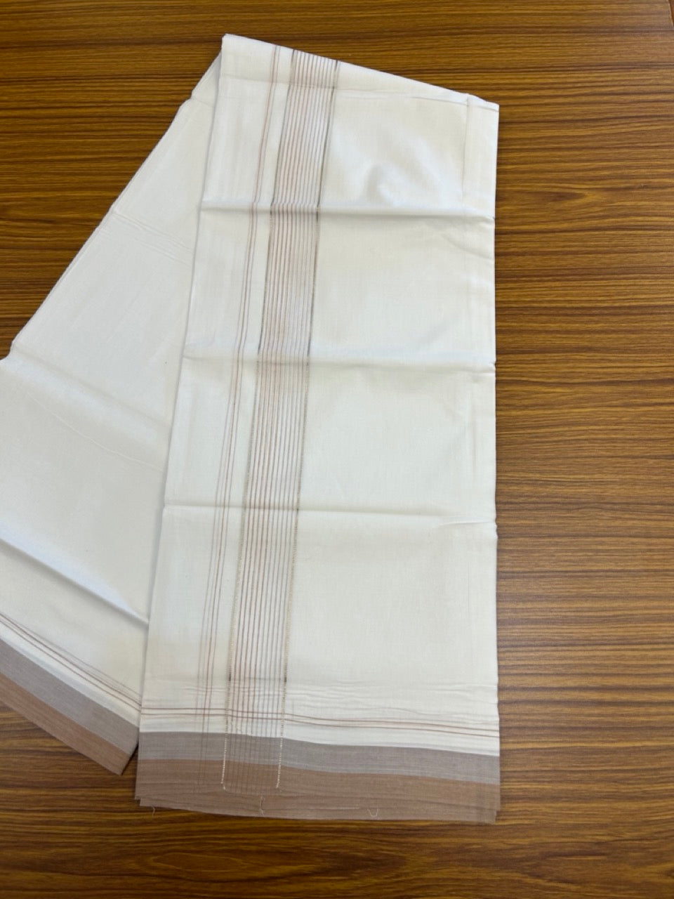 20% Discount ! Kaitharikada Balaramapuram 100% Cotton Pure White Double Mundu/Dothi - 100x80 - 1.75 inch Silver Kasav Pestel Grey & Light Brown Stripes Kara 4 mtr (8.5 muzham) - 18 KK5255 VAS