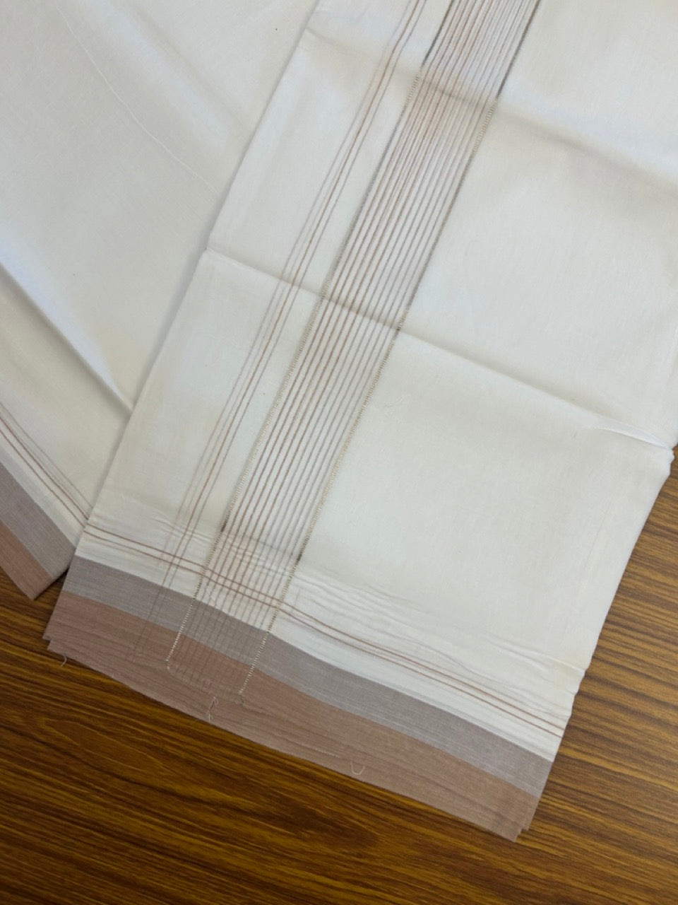 20% Discount ! Kaitharikada Balaramapuram 100% Cotton Pure White Double Mundu/Dothi - 100x80 - 1.75 inch Silver Kasav Pestel Grey & Light Brown Stripes Kara 4 mtr (8.5 muzham) - 18 KK5255 VAS