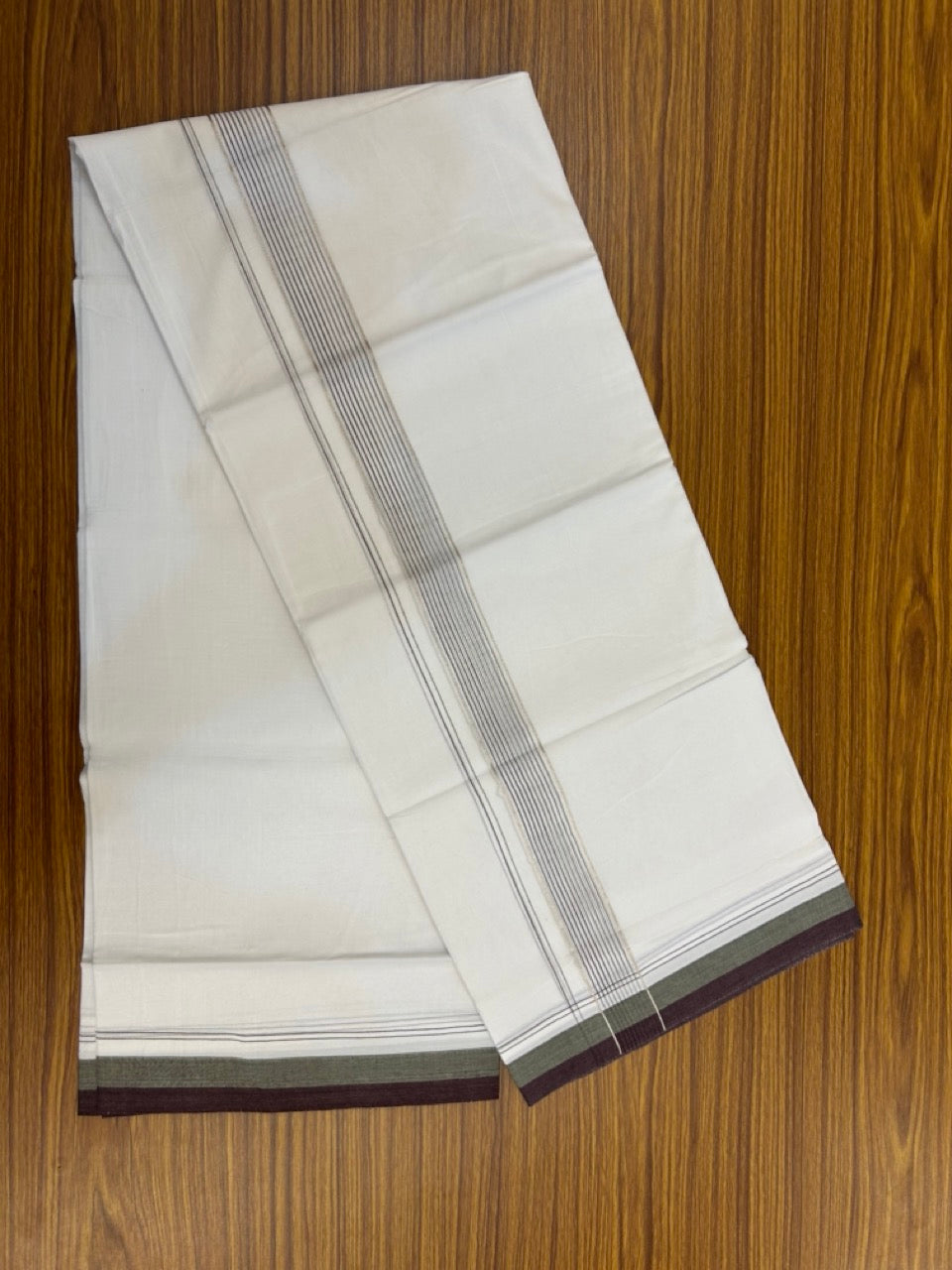 20% Discount ! Kaitharikada Balaramapuram 100% Cotton Pure White Double Mundu/Dothi - 100x80 - 1.75 inch Silver Kasav Sage Green & Wine Purple Stripes Kara 4 mtr (8.5 muzham) - 20 KK5255 VAS