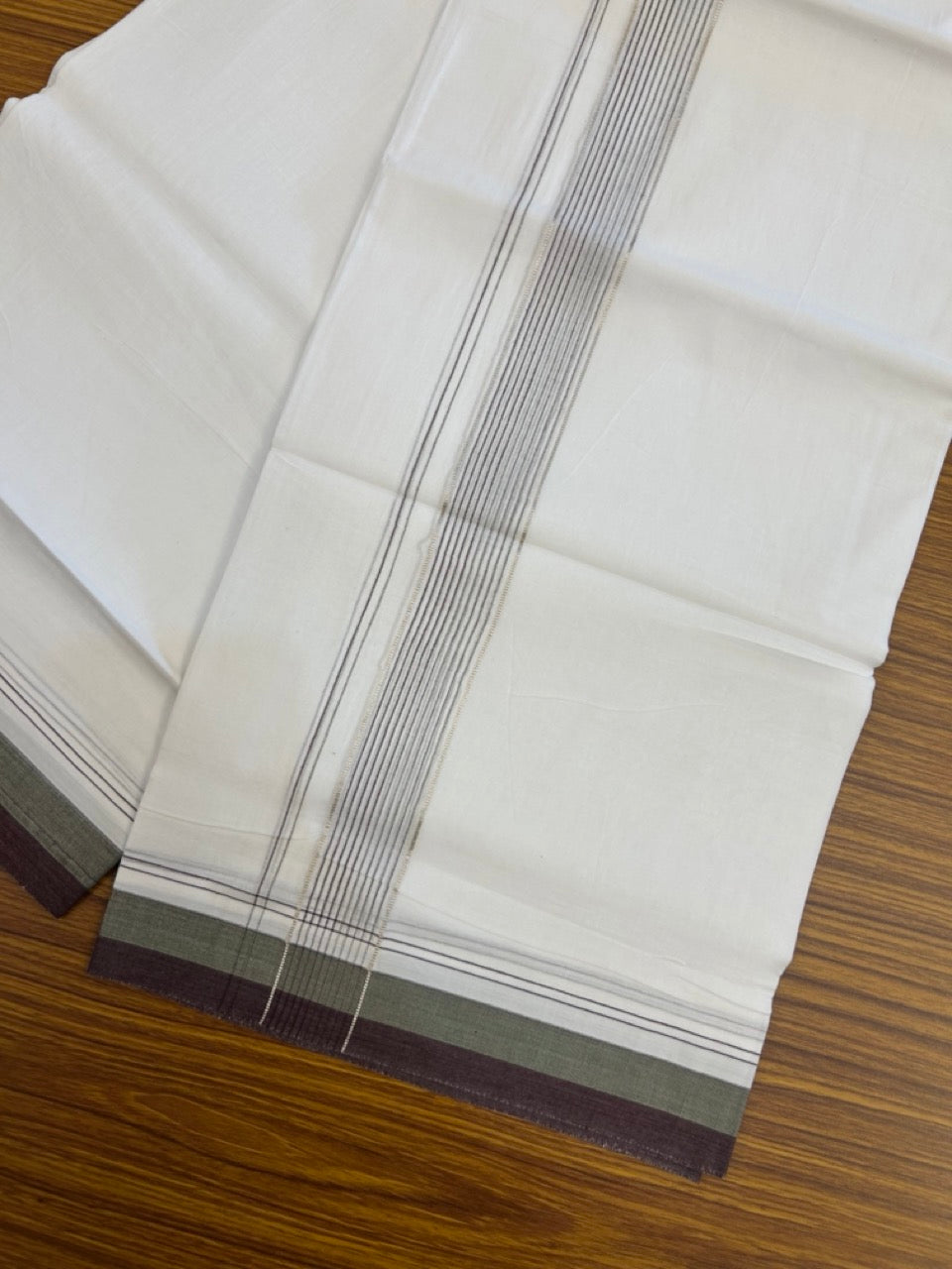 20% Discount ! Kaitharikada Balaramapuram 100% Cotton Pure White Double Mundu/Dothi - 100x80 - 1.75 inch Silver Kasav Sage Green & Wine Purple Stripes Kara 4 mtr (8.5 muzham) - 20 KK5255 VAS