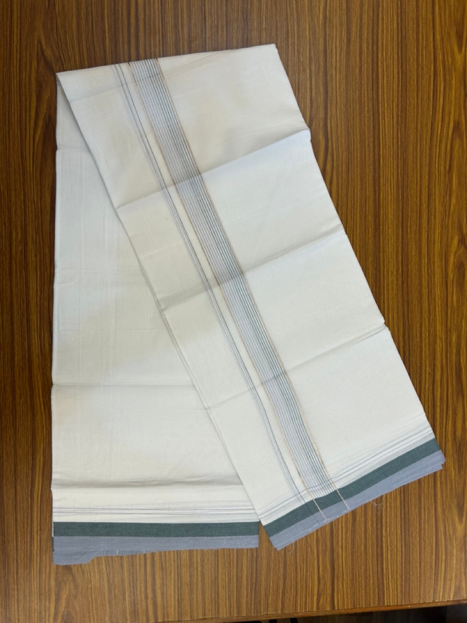 20% Discount ! Kaitharikada Balaramapuram 100% Cotton Pure White Double Mundu/Dothi - 100x80 - 1.75 inch Silver Kasav Dark Green & Light Ash Blue Stripes Kara 4 mtr (8.5 muzham) - 22 KK5255 VAS
