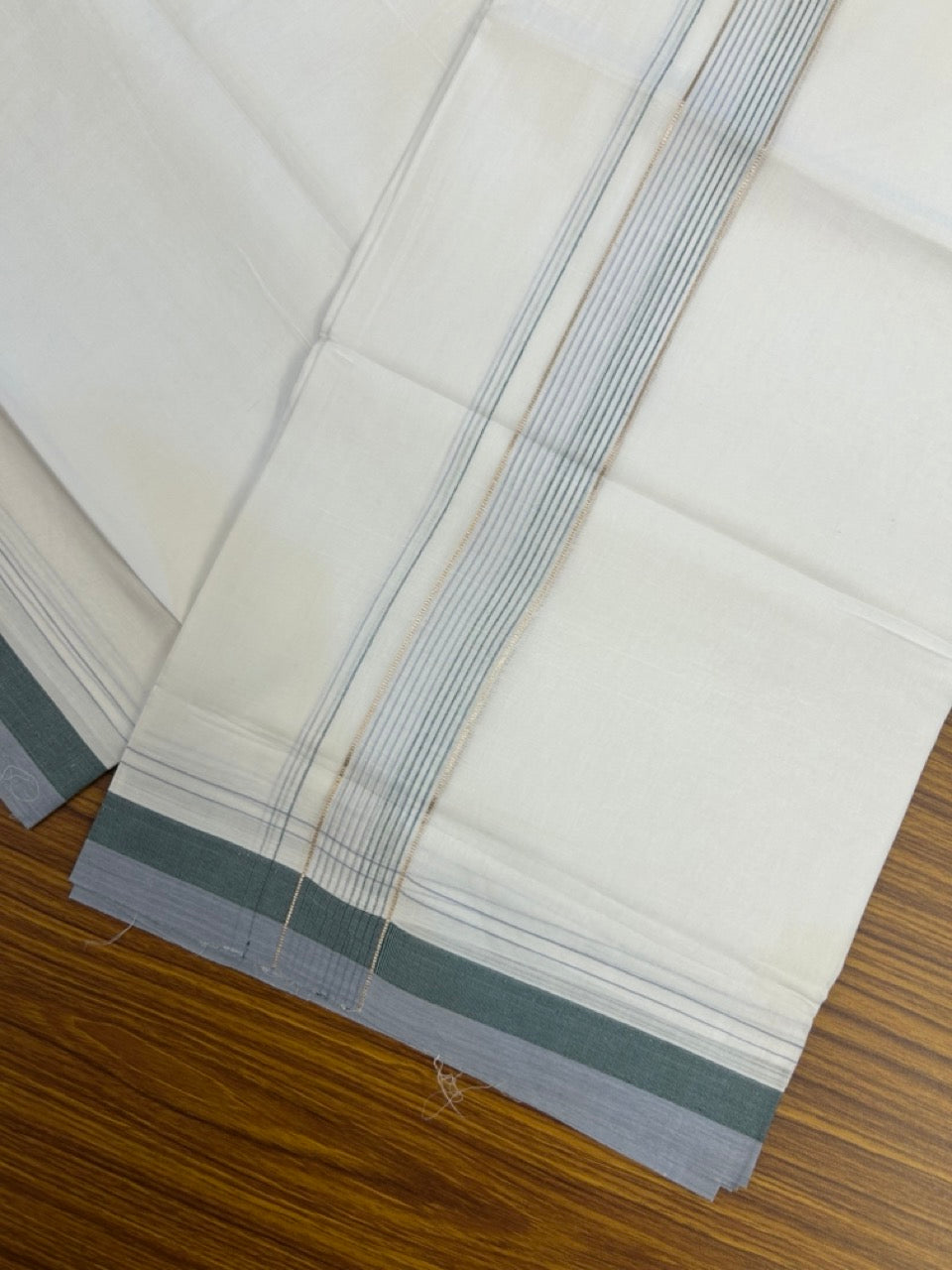 20% Discount ! Kaitharikada Balaramapuram 100% Cotton Pure White Double Mundu/Dothi - 100x80 - 1.75 inch Silver Kasav Dark Green & Light Ash Blue Stripes Kara 4 mtr (8.5 muzham) - 22 KK5255 VAS