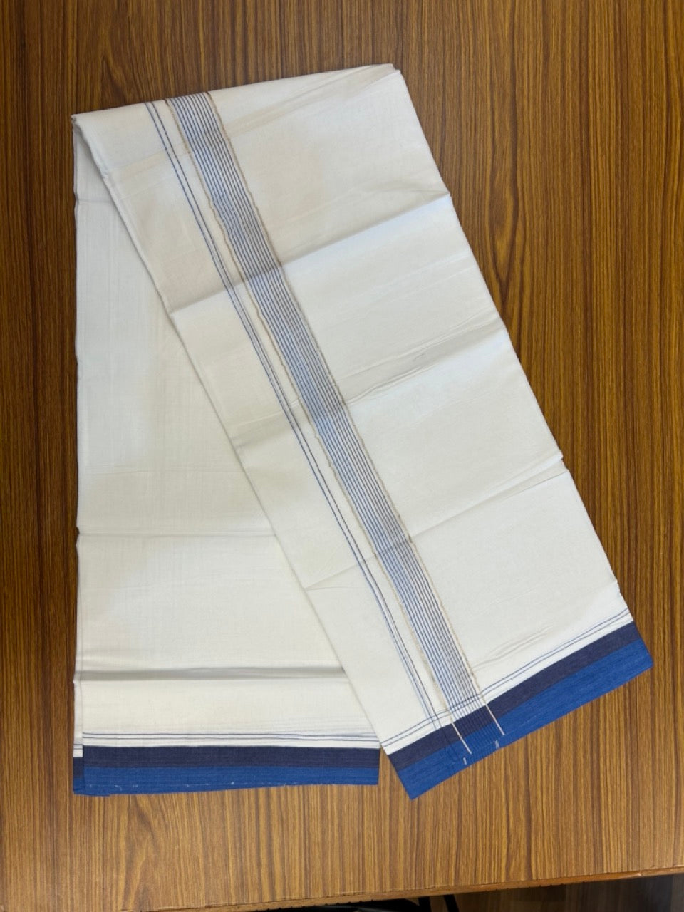 20% Discount ! Kaitharikada Balaramapuram 100% Cotton Pure White Double Mundu/Dothi - 100x80 - 1.75 inch Silver Kasav Navy Blue & Royal Blue Stripes Kara 4 mtr (8.5 muzham) - 21 KK5255 VAS