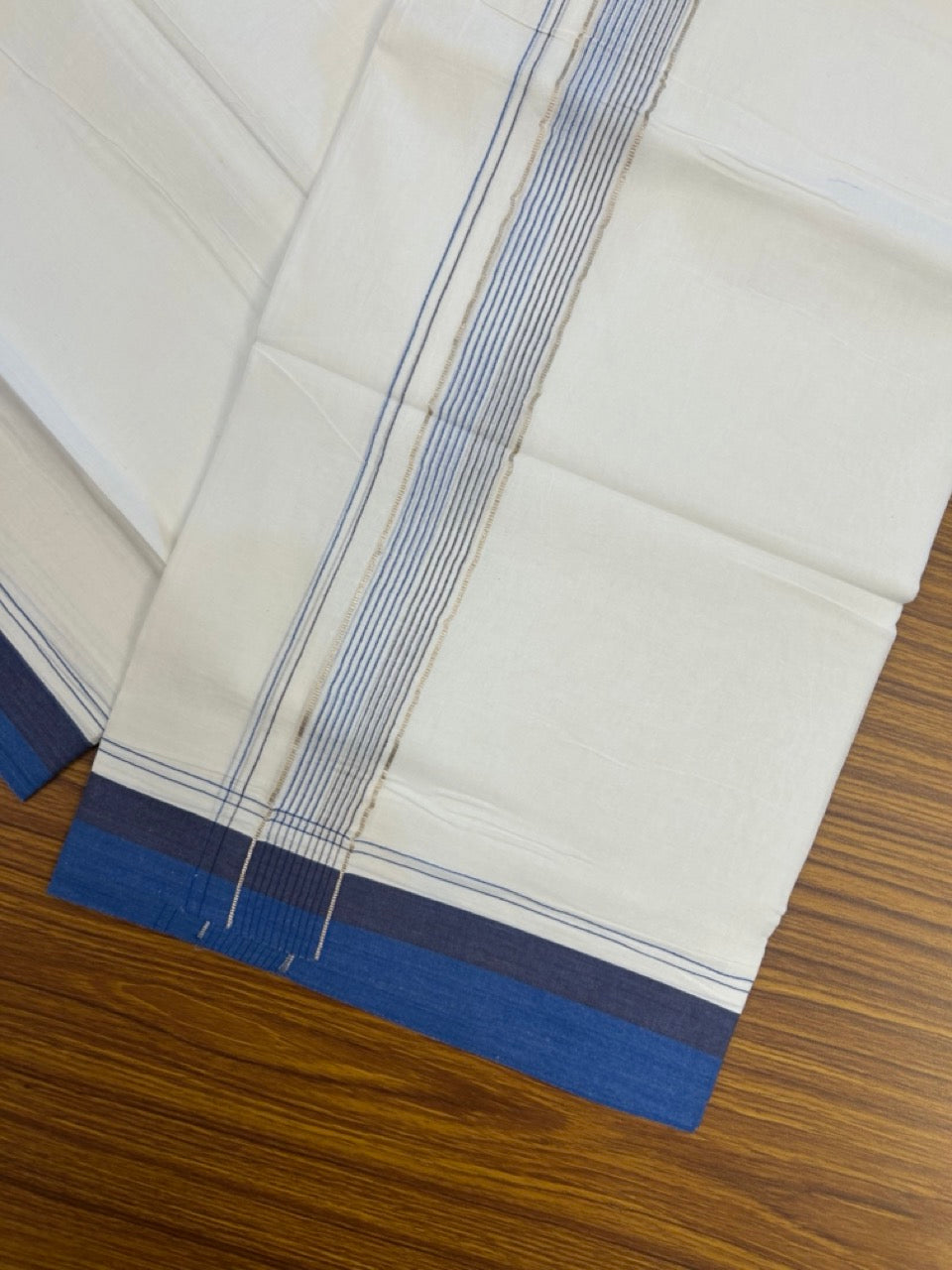 20% Discount ! Kaitharikada Balaramapuram 100% Cotton Pure White Double Mundu/Dothi - 100x80 - 1.75 inch Silver Kasav Navy Blue & Royal Blue Stripes Kara 4 mtr (8.5 muzham) - 21 KK5255 VAS