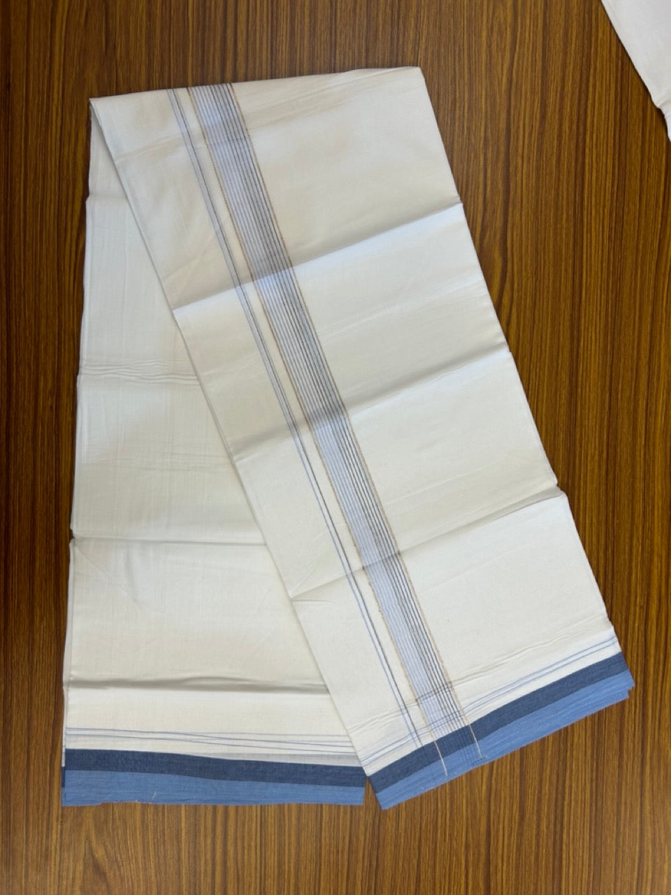 20% Discount ! Kaitharikada Balaramapuram 100% Cotton Pure White Double Mundu/Dothi - 100x80 - 1.75 inch Silver Kasav Light Blue & Dark Blue Stripes Kara 4 mtr (8.5 muzham) - 25 KK5255 VAS