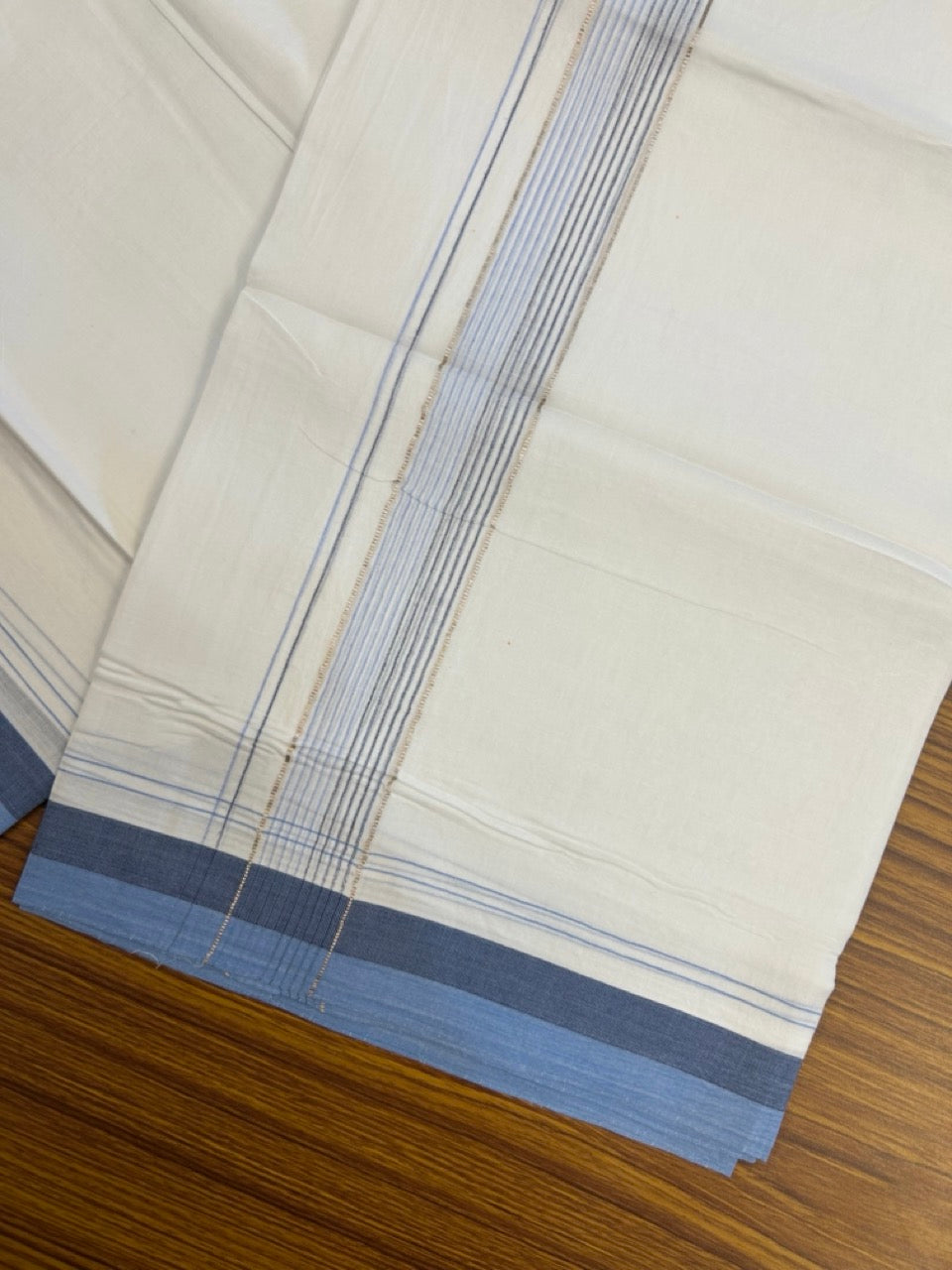 20% Discount ! Kaitharikada Balaramapuram 100% Cotton Pure White Double Mundu/Dothi - 100x80 - 1.75 inch Silver Kasav Light Blue & Dark Blue Stripes Kara 4 mtr (8.5 muzham) - 25 KK5255 VAS