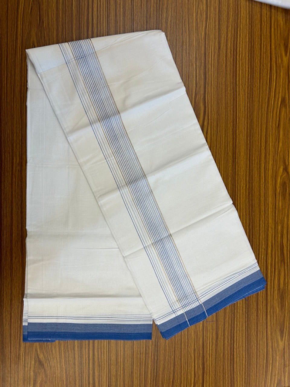 20% Discount ! Kaitharikada Balaramapuram 100% Cotton Pure White Double Mundu/Dothi - 100x80 - 1.75 inch Silver Kasav Light Blue & Dark Blue Stripes Kara 4 mtr (8.5 muzham) - 24 KK5255 VAS