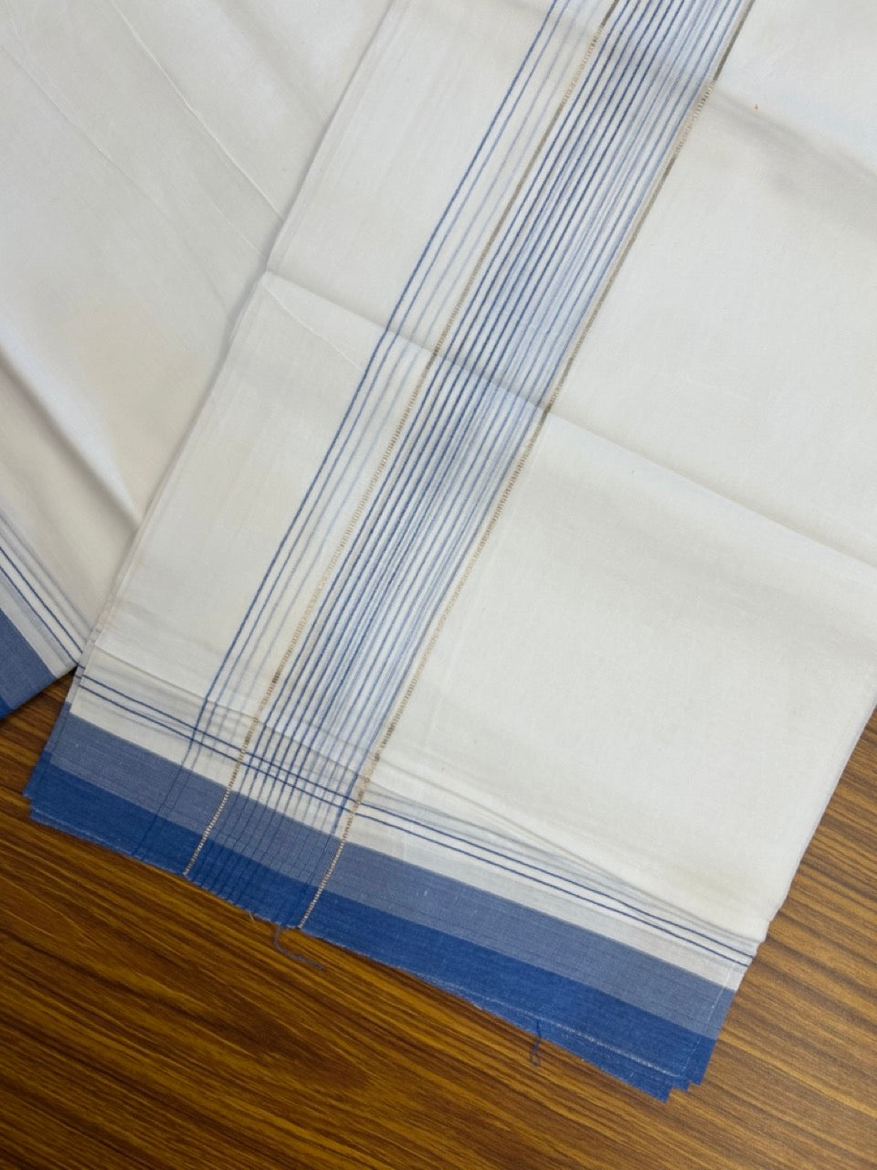 20% Discount ! Kaitharikada Balaramapuram 100% Cotton Pure White Double Mundu/Dothi - 100x80 - 1.75 inch Silver Kasav Light Blue & Dark Blue Stripes Kara 4 mtr (8.5 muzham) - 24 KK5255 VAS
