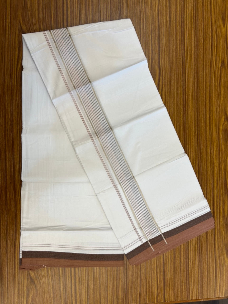 20% Discount ! Kaitharikada Balaramapuram 100% Cotton Pure White Double Mundu/Dothi - 100x80 - 1.75 inch Silver Kasav Brown & Dark Brown Stripes Kara 4 mtr (8.5 muzham) - 27 KK5255 VAS