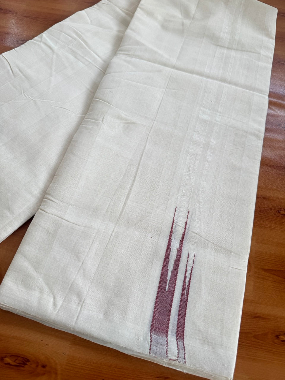 Double Off White (Unbleached) Mundu/Dhoti - 25% Discount!! KaithariKada Handloom Millpaav - 100% Pure Cotton - 80x90 - 0.75 inch Puliyilakkara Dark Dusty Peach Double Chutty 4 meter (8.5 muzham) - 14 KK5507 RAM