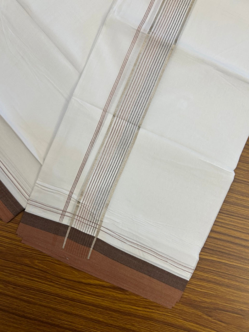 20% Discount ! Kaitharikada Balaramapuram 100% Cotton Pure White Double Mundu/Dothi - 100x80 - 1.75 inch Silver Kasav Brown & Dark Brown Stripes Kara 4 mtr (8.5 muzham) - 27 KK5255 VAS