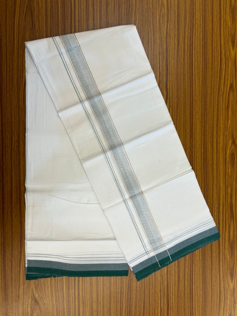 20% Discount ! Kaitharikada Balaramapuram 100% Cotton Pure White Double Mundu/Dothi - 100x80 - 1.75 inch Silver Kasav Light Green & Dark Green Stripes Kara 4 mtr (8.5 muzham) - 23 KK5255 VAS