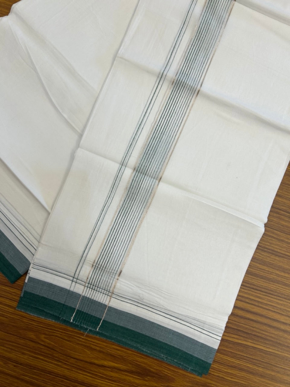 20% Discount ! Kaitharikada Balaramapuram 100% Cotton Pure White Double Mundu/Dothi - 100x80 - 1.75 inch Silver Kasav Light Green & Dark Green Stripes Kara 4 mtr (8.5 muzham) - 23 KK5255 VAS