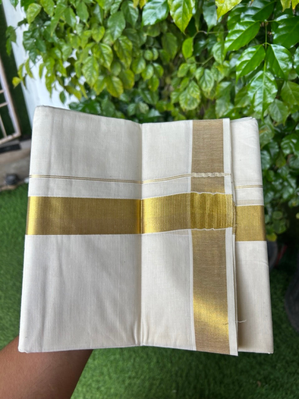 20% Discount !! KaithariKada Balaramapuram 100% Cotton Double Off white - (Unbleached) Mundu/Dhoti - 80x72 - 1 .5 inch Kasavu Kara - 33KK5212 VIN