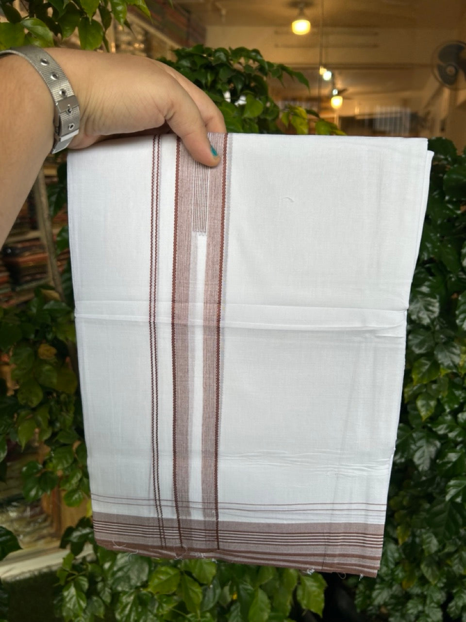 20% Discount ! Kaitharikada Balaramapuram 100% Cotton Pure White Double Mundu/Dothi - 100x80 - 1.5 inch Dark Brown Stripes Chutty Kara 4 mtr (8.5 muzham) - 13 KK5255 VAS
