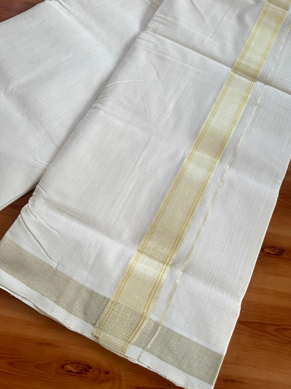 Off White (Unbleached) Double Mundu/Dhoti - 25% Discount!! KaithariKada Handloom Unakkupaav - Kerala Handloom - 100% Pure Cotton - 80x90 - 1.75 inch Antique Light Gold Kasav Stripes Kara 4 Meters (8.5 Muzham) - 20 KK5507 RAM