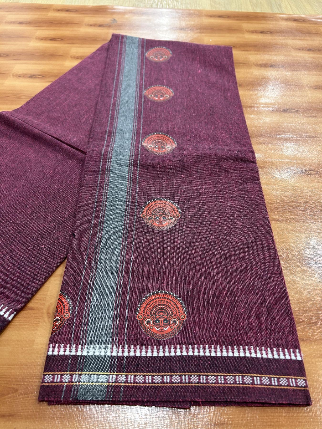 Single Kaily / Lungi - Mixed Cotton - 40s twisted - Theyyam Design Printed Kuppadam 2 inch Ash Grey Stripes Kara with Purple Wine Colour Body (2 meter / 4 muzham) - 13 KK5423 GAN