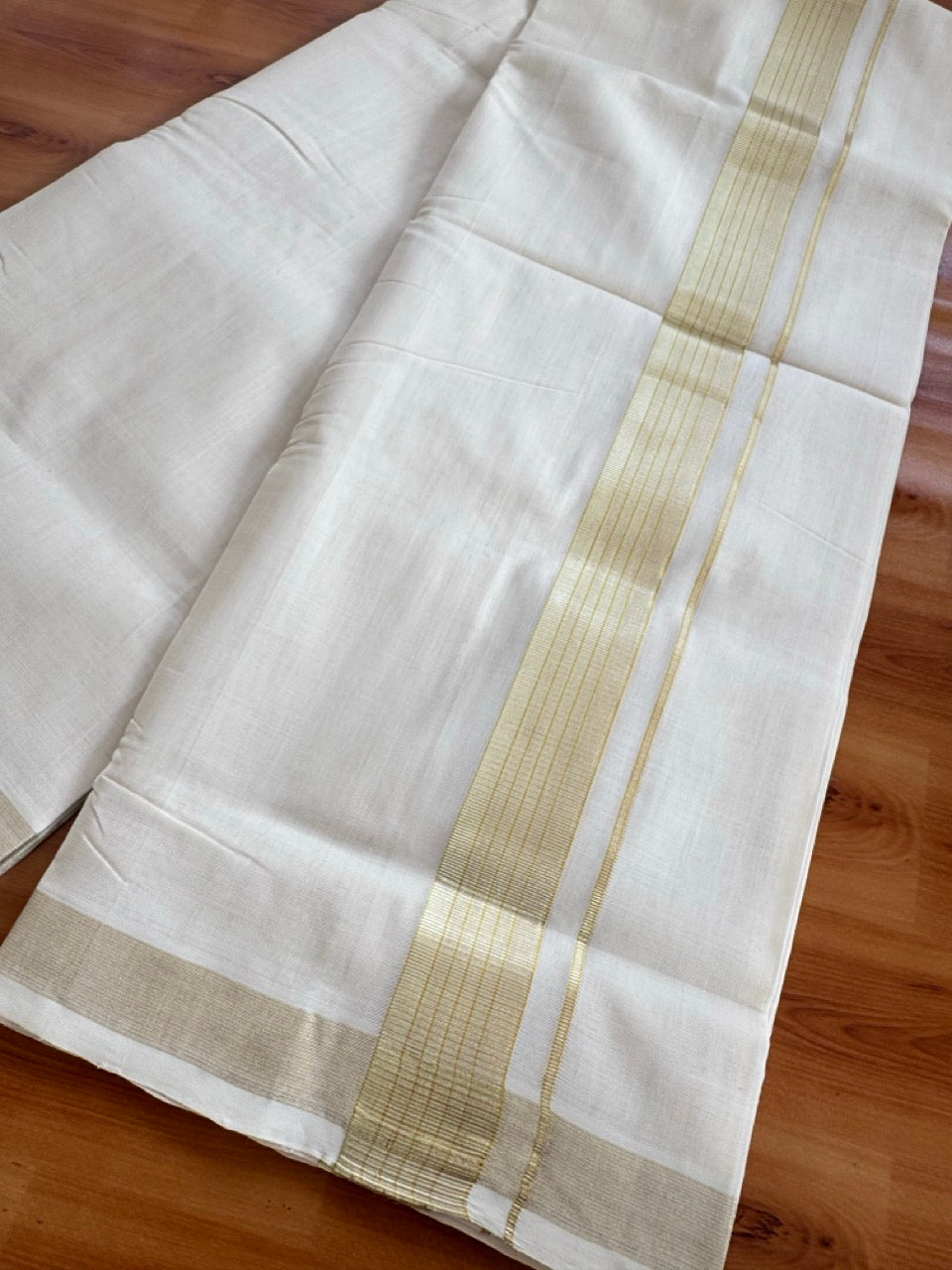 Off White (Unbleached) Double Mundu/Dhoti - 25% Discount!! KaithariKada Handloom Unakkupaav - Kerala Handloom - 100% Pure Cotton - 80x90 - 1.75 inch Light Gold Kasav Stripes Kara 4 Meters (8.5 Muzham) - 19 KK5507 RAM