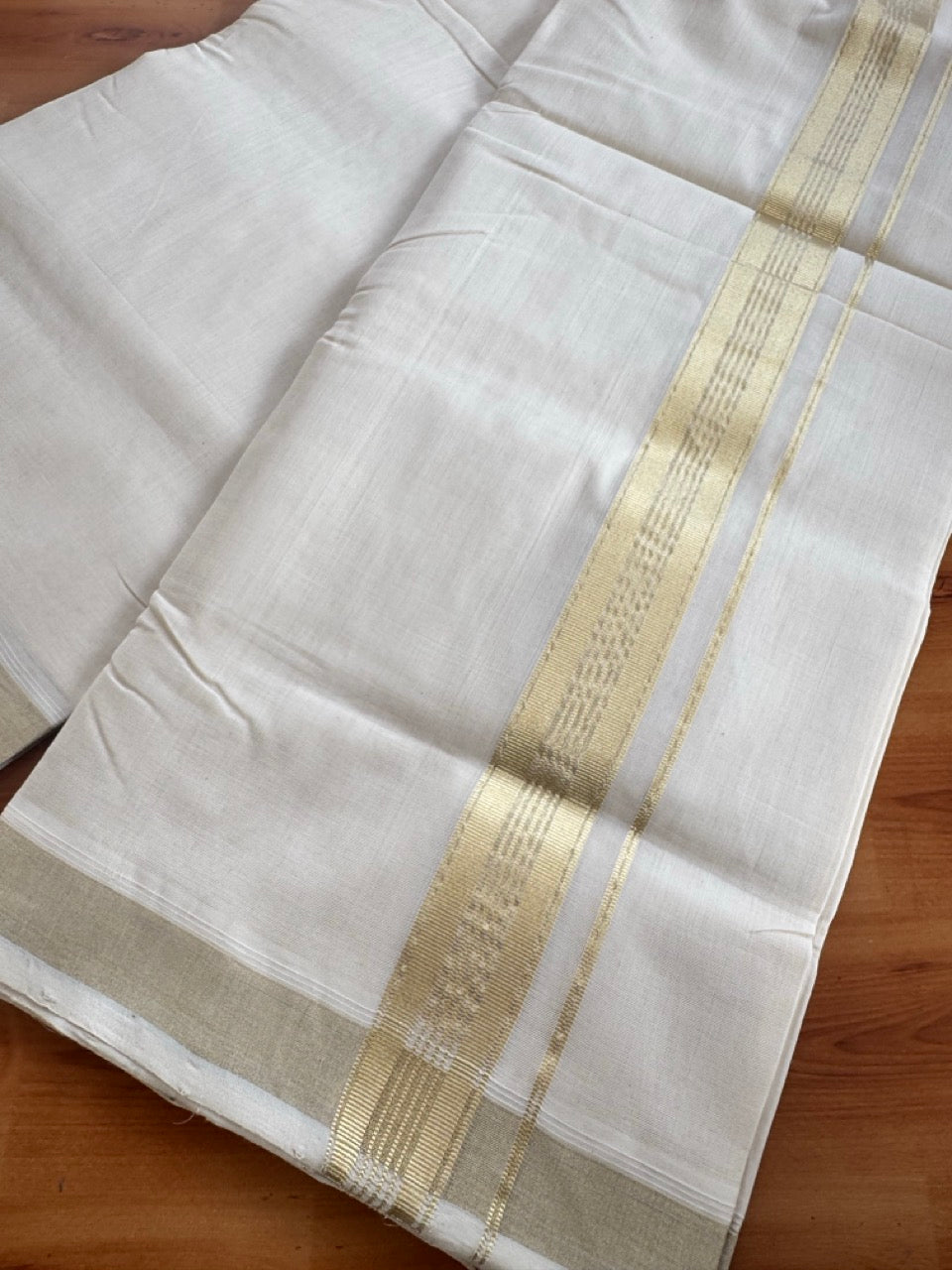 Off White (Unbleached) Double Mundu/Dhoti - 25% Discount!! KaithariKada Handloom Unakkupaav - Kerala Handloom - 100% Pure Cotton - 80x90 - 1.5 inch Light Gold Kasav Stripes Kara 4 Meters (8.5 Muzham) - 18 KK5507 RAM