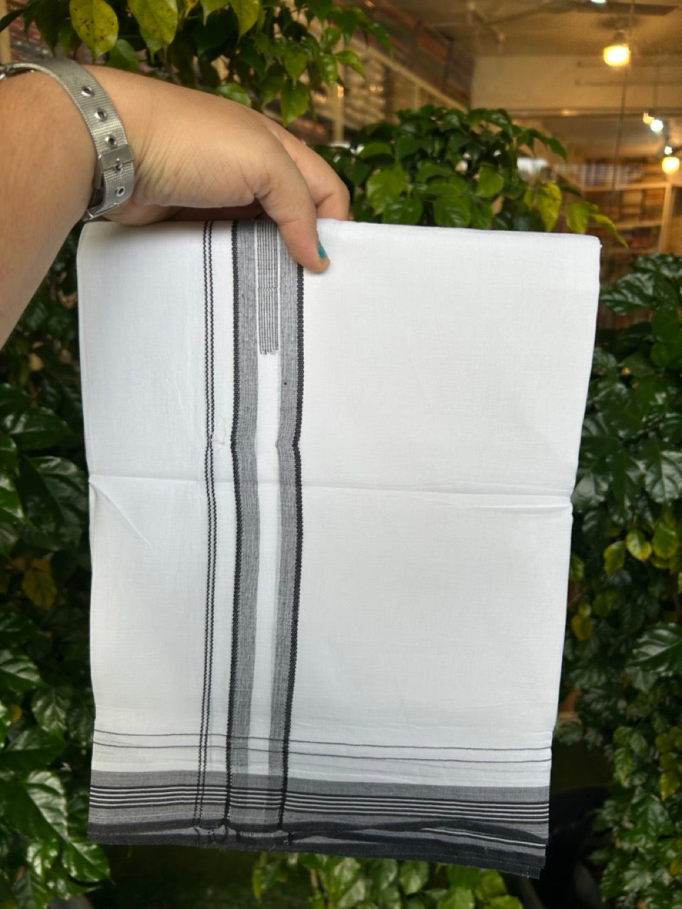 20% Discount ! Kaitharikada Balaramapuram 100% Cotton Pure White Double Mundu/Dothi - 100x80 - 1.5 inch Dark Sage Green Stripes Chutty Kara 4 mtr (8.5 muzham) - 9 KK5255 VAS