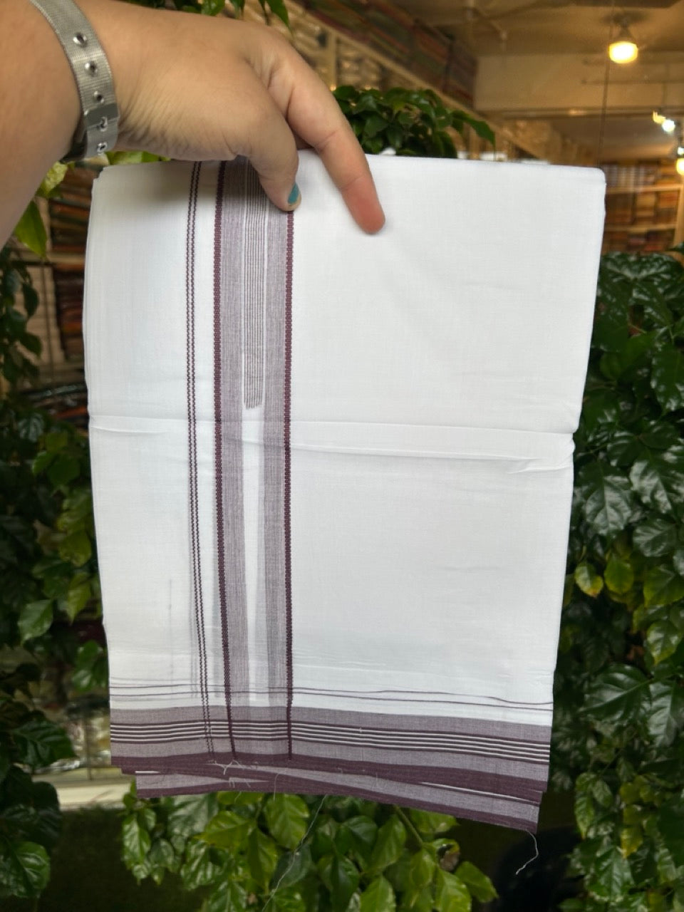 20% Discount ! Kaitharikada Balaramapuram 100% Cotton Pure White Double Mundu/Dothi - 100x80 - 1.5 inch Wine Purple Stripes Chutty Kara 4 mtr (8.5 muzham) - 12 KK5255 VAS
