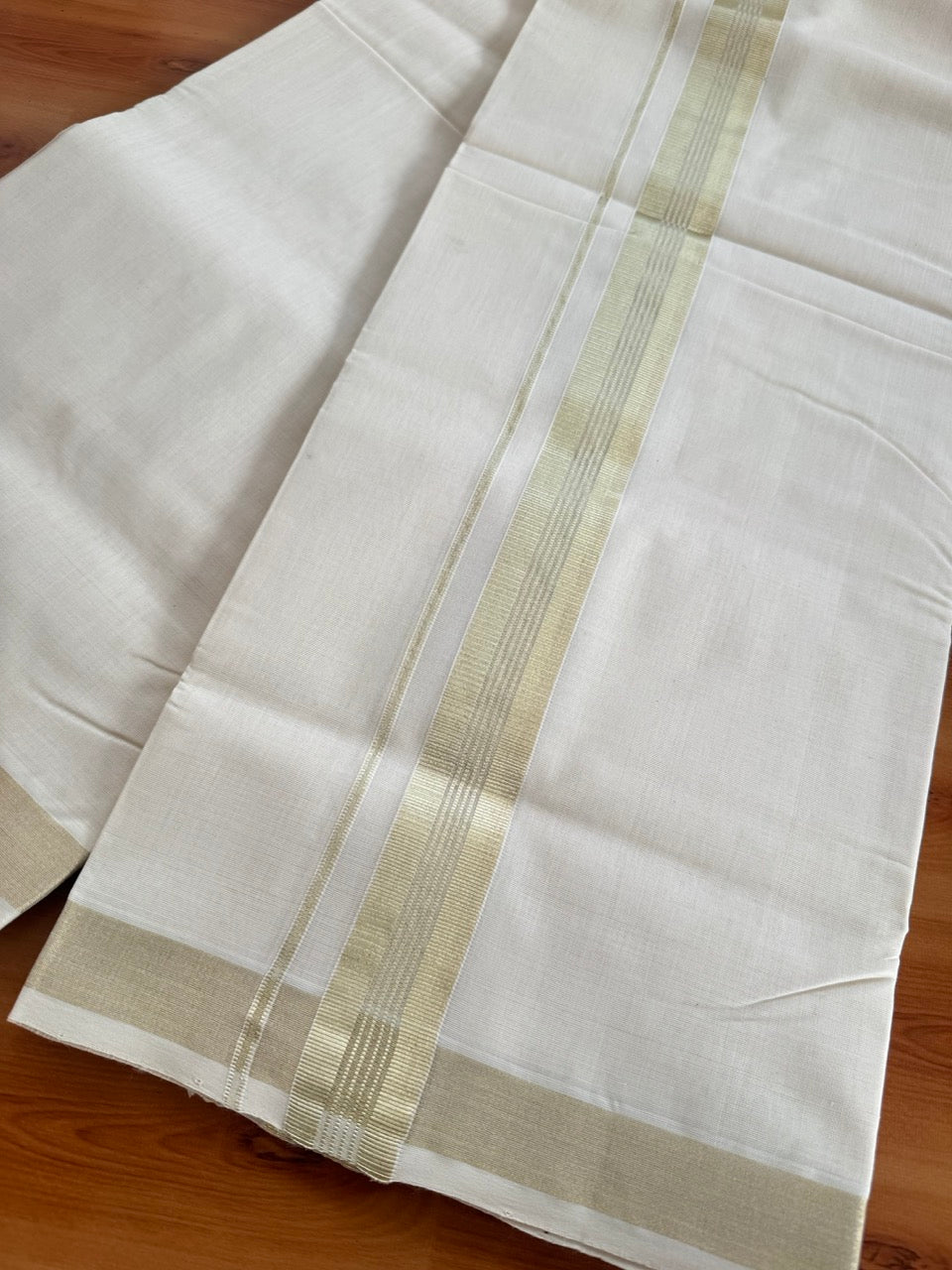 Off White (Unbleached) Double Mundu/Dhoti - 25% Discount!! KaithariKada Handloom Millpaav - Kerala Handloom - 100% Pure Cotton - 80x90 - 1.5 inch Light Gold Kasav Stripes Kara 4 Meters (8.5 Muzham) - 17 KK5507 RAM