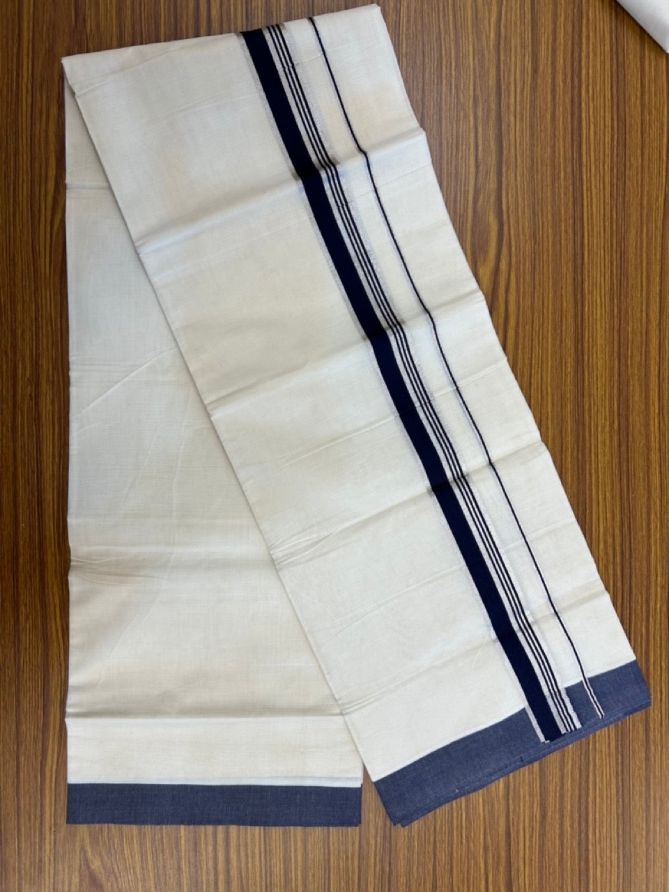 20% Discount! KaithariKada Balaramapuram 100% Cotton Off white Double Mundu/Dhoti - (100x80)S - 1.5 inch Dark Blue & Silver Kasav Striped Kara - 4mtr (8.5muzham) - 71 KK5255 VAS