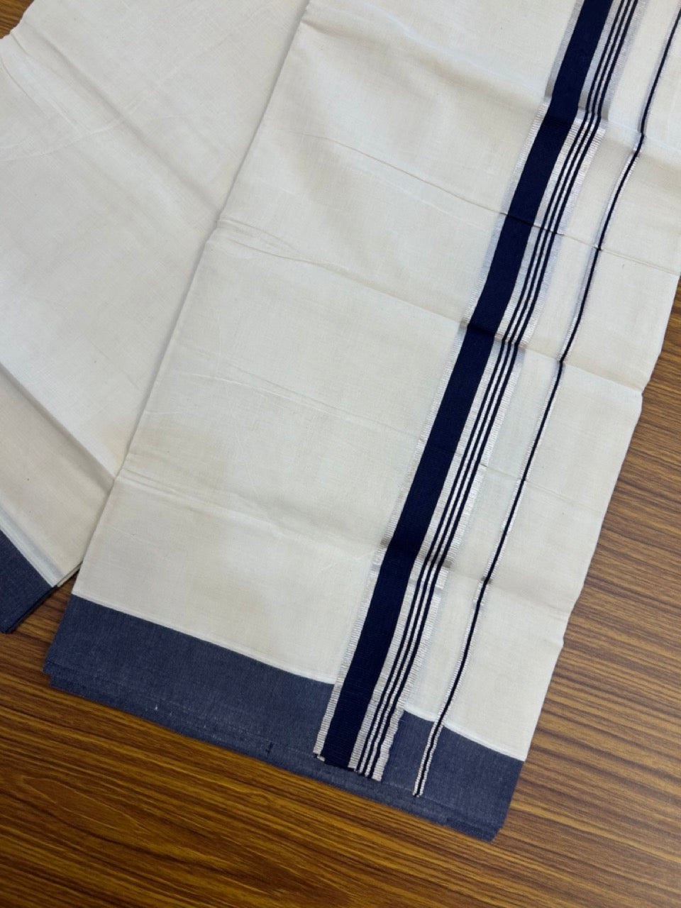 20% Discount! KaithariKada Balaramapuram 100% Cotton Off white Double Mundu/Dhoti - (100x80)S - 1.5 inch Dark Blue & Silver Kasav Striped Kara - 4mtr (8.5muzham) - 71 KK5255 VAS