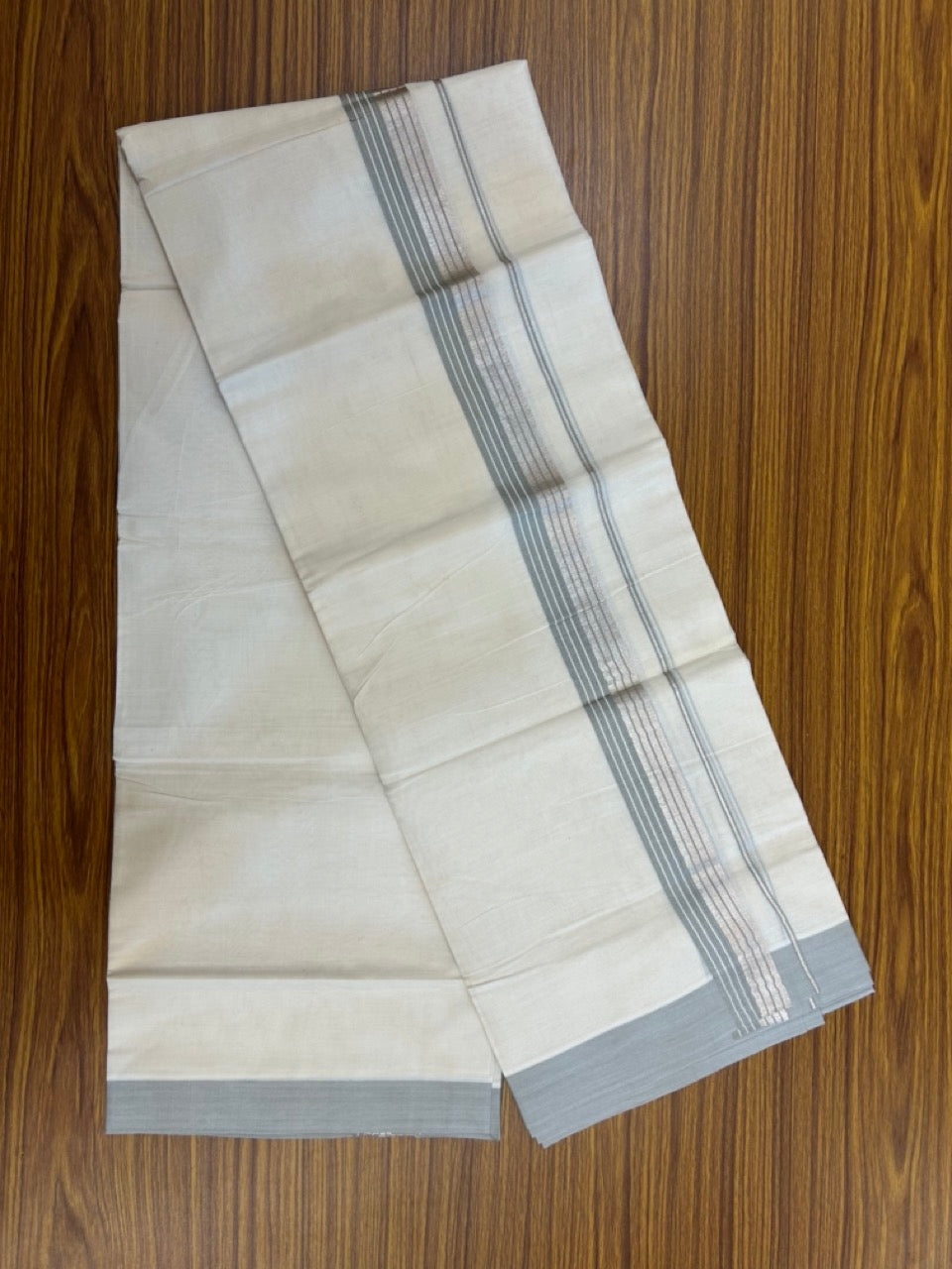 20% Discount! KaithariKada Balaramapuram 100% Cotton Off white Double Mundu/Dhoti - (100x80)S - 1.5 inch Ash Blue & Silver Kasav Striped Kara - 4mtr (8.5muzham) - 74 KK5255 VAS