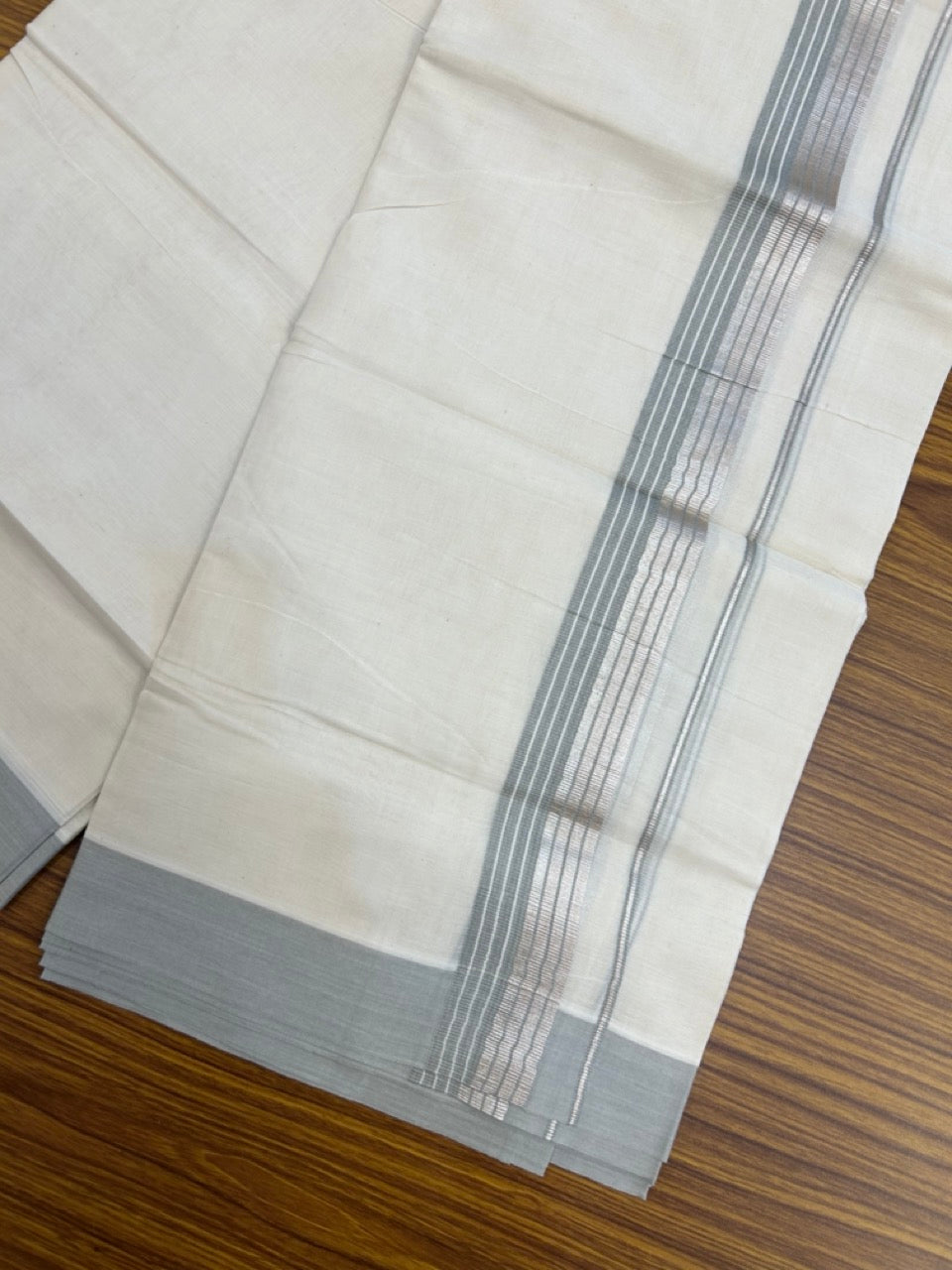 20% Discount! KaithariKada Balaramapuram 100% Cotton Off white Double Mundu/Dhoti - (100x80)S - 1.5 inch Ash Blue & Silver Kasav Striped Kara - 4mtr (8.5muzham) - 74 KK5255 VAS