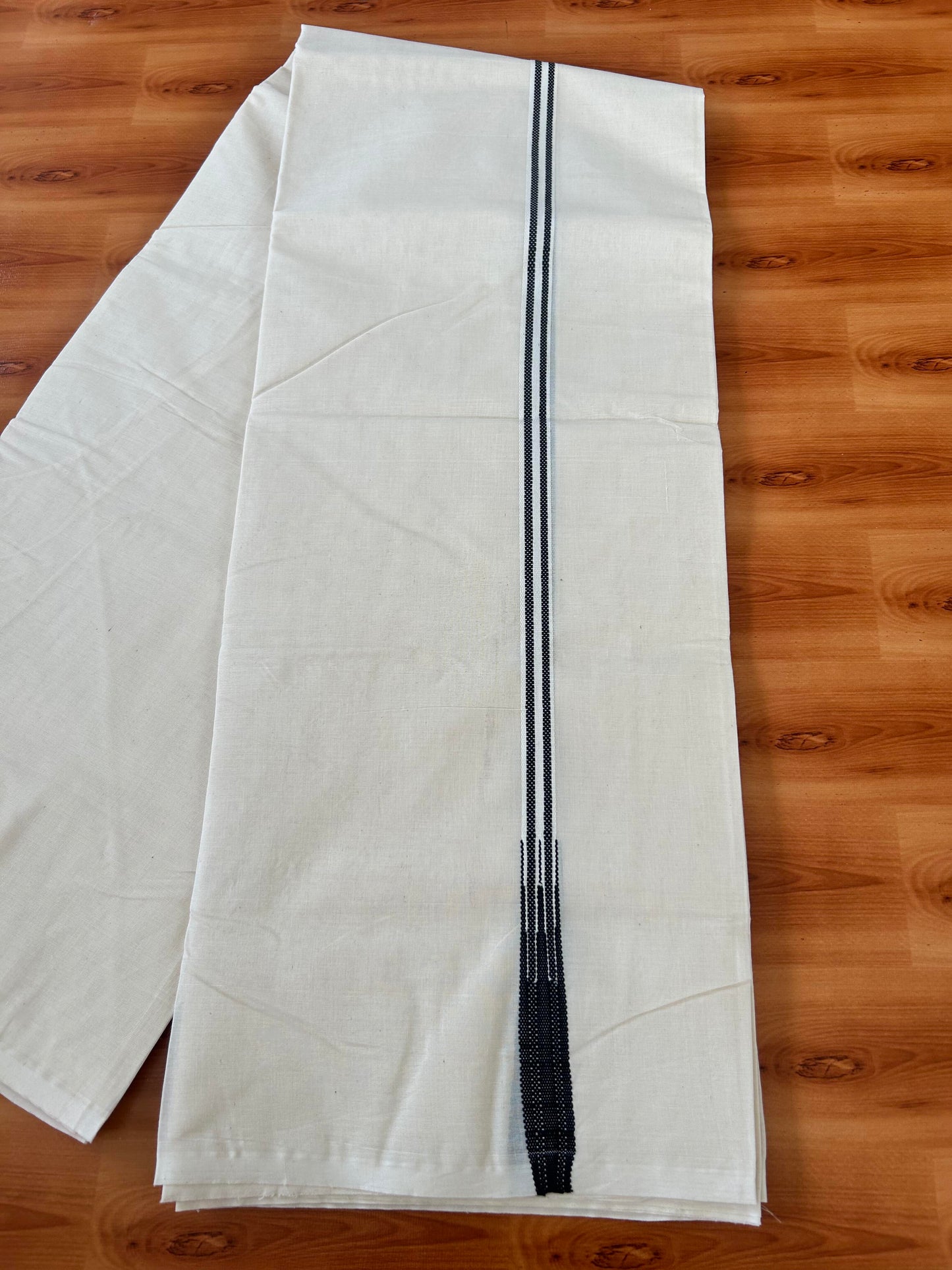 Double Off white Mundu/Dhoti - 20% Discount! KaithariKada Balaramapuram - 100% Cotton 100x100 - 0.5 inch Black Striped Chutty Kara 4 mtr (8.5 muzham) - 4 KK5423 ASH