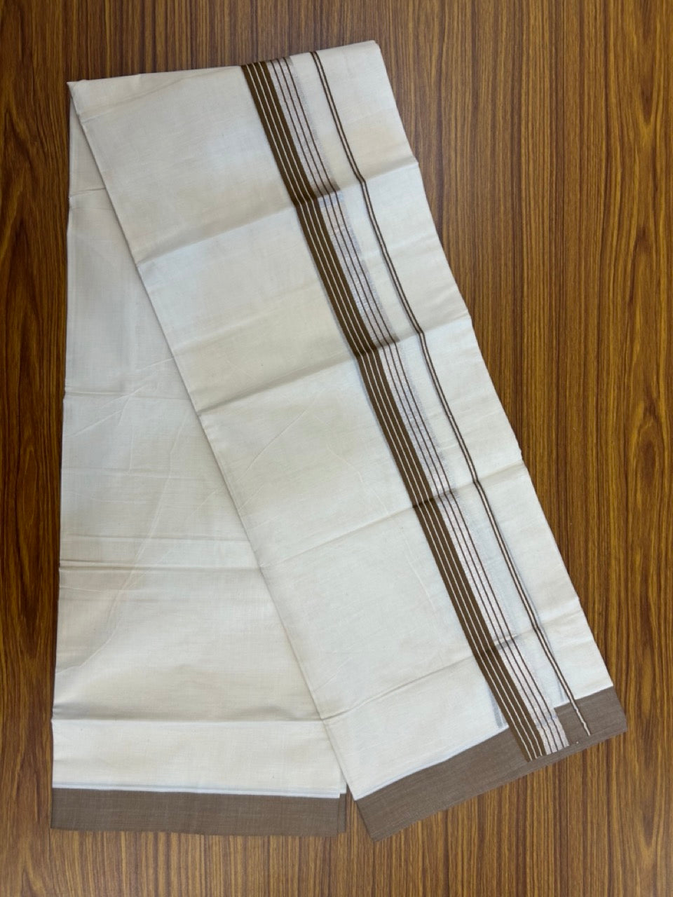 20% Discount! KaithariKada Balaramapuram 100% Cotton Off white Double Mundu/Dhoti - (100x80)S - 1.5 inch Brown & Silver Kasav Striped Kara - 4mtr (8.5muzham) - 75 KK5255 VAS
