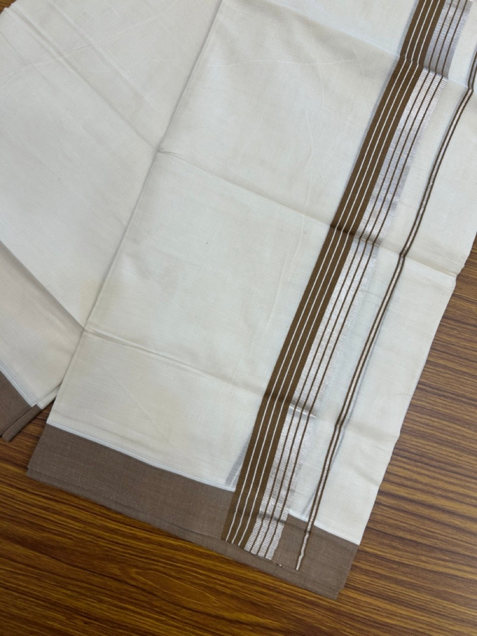 20% Discount! KaithariKada Balaramapuram 100% Cotton Off white Double Mundu/Dhoti - (100x80)S - 1.5 inch Brown & Silver Kasav Striped Kara - 4mtr (8.5muzham) - 75 KK5255 VAS
