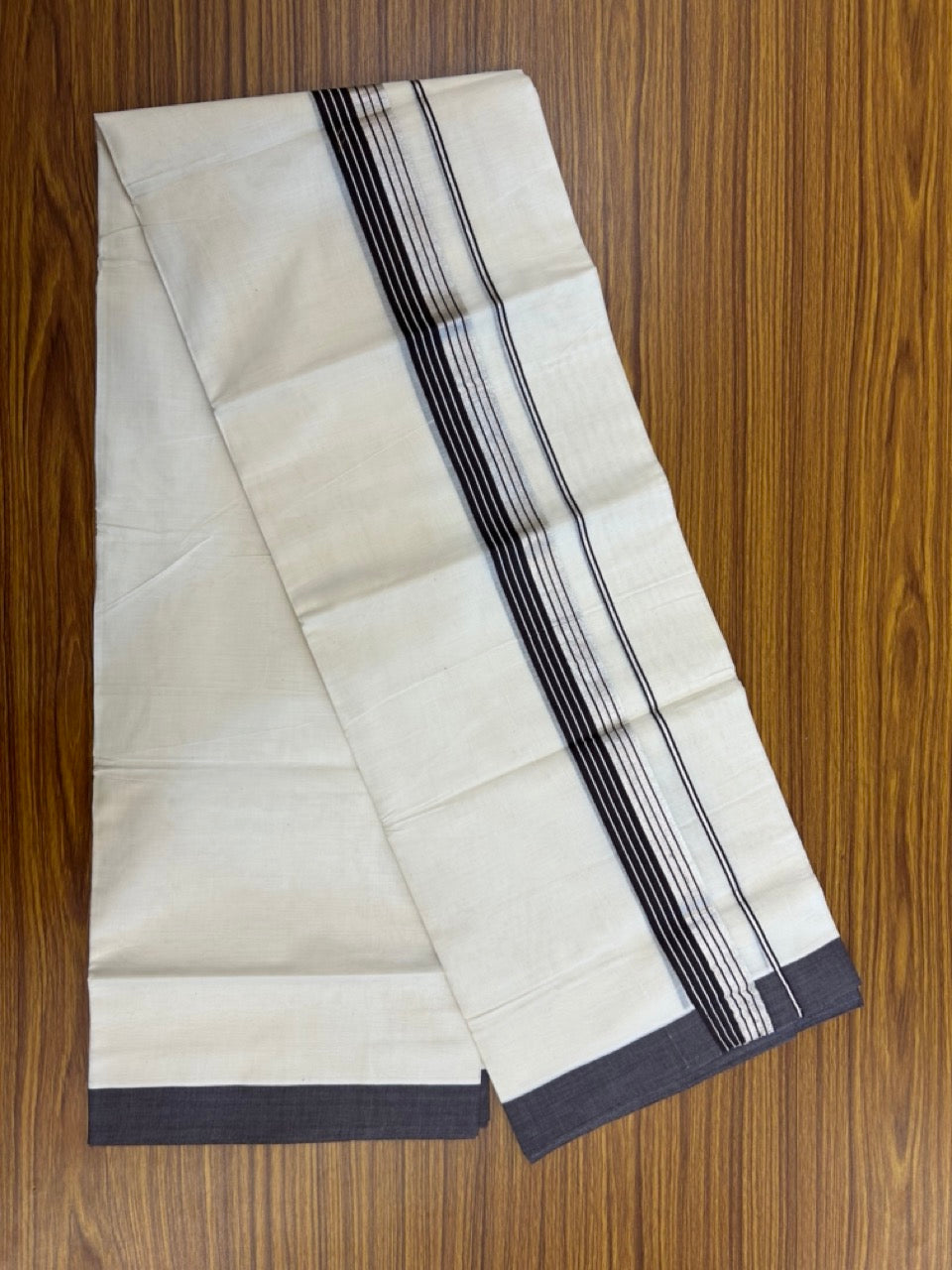 20% Discount! KaithariKada Balaramapuram 100% Cotton Off white Double Mundu/Dhoti - (100x80)S - 1.5 inch Dark Brown & Silver Kasav Striped Kara - 4mtr (8.5muzham) - 76 KK5255 VAS