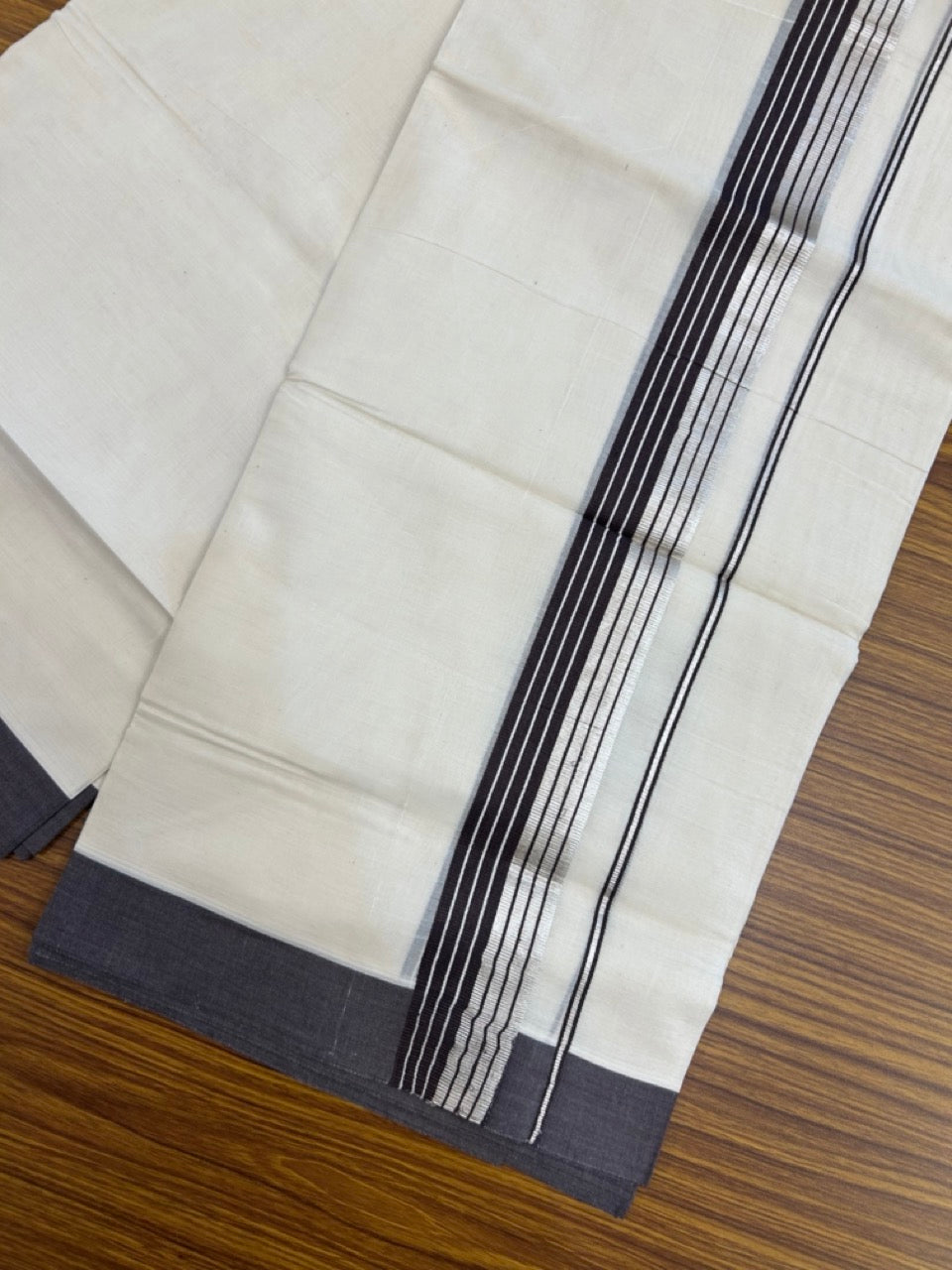 20% Discount! KaithariKada Balaramapuram 100% Cotton Off white Double Mundu/Dhoti - (100x80)S - 1.5 inch Dark Brown & Silver Kasav Striped Kara - 4mtr (8.5muzham) - 76 KK5255 VAS