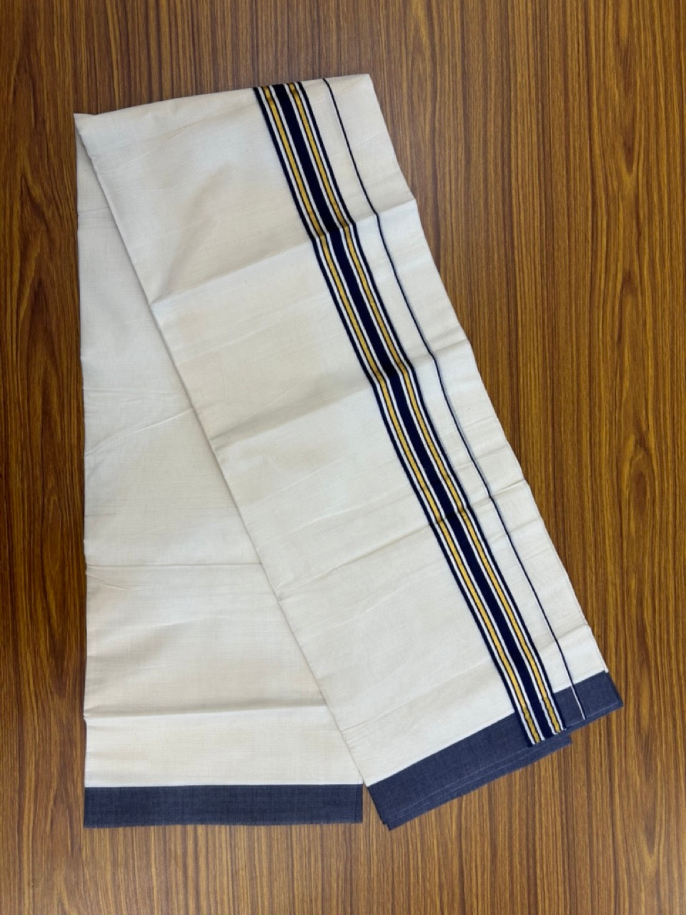 20% Discount! KaithariKada Balaramapuram 100% Cotton Off white Double Mundu/Dhoti - (100x80)S - 1.5 inch Gold Kasav & Navy Blue Striped Kara - 4mtr (8.5muzham) - 85 KK5255 VAS