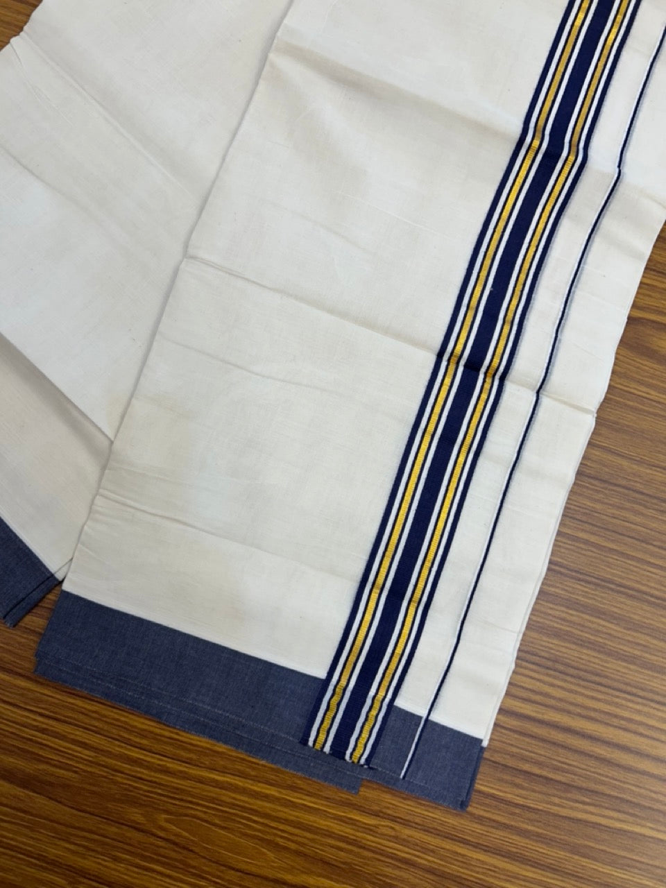 20% Discount! KaithariKada Balaramapuram 100% Cotton Off white Double Mundu/Dhoti - (100x80)S - 1.5 inch Gold Kasav & Navy Blue Striped Kara - 4mtr (8.5muzham) - 85 KK5255 VAS