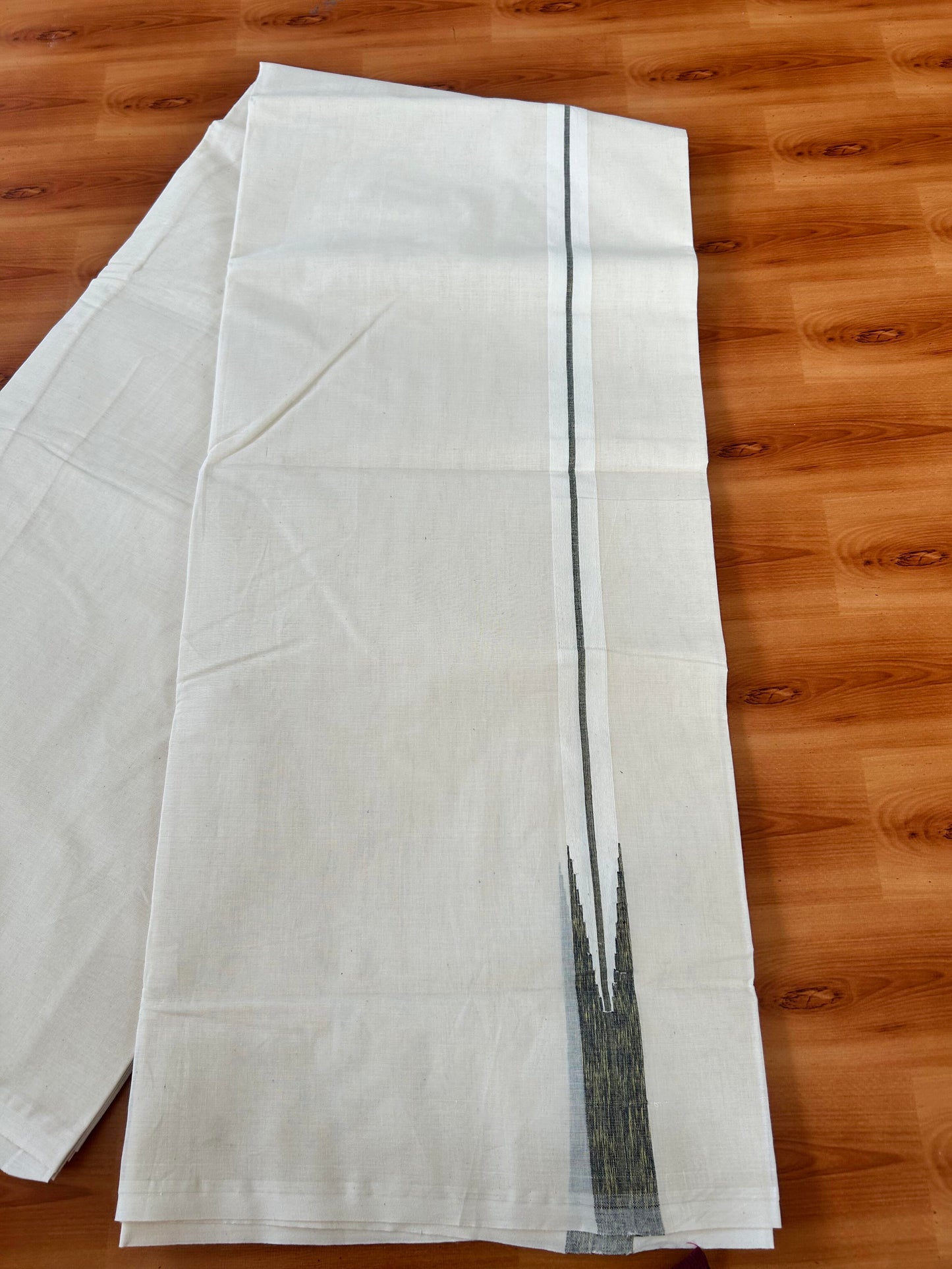 20% Discount! KaithariKada Balaramapuram 100% Cotton Double Off white Mundu/Dhoti- 100x100 - 0.75 inch Puliyilakkara Gold Kasav & Black Striped Chutty Kara - 4 mtr (8.5 muzham) - 2 KK5423 ASH