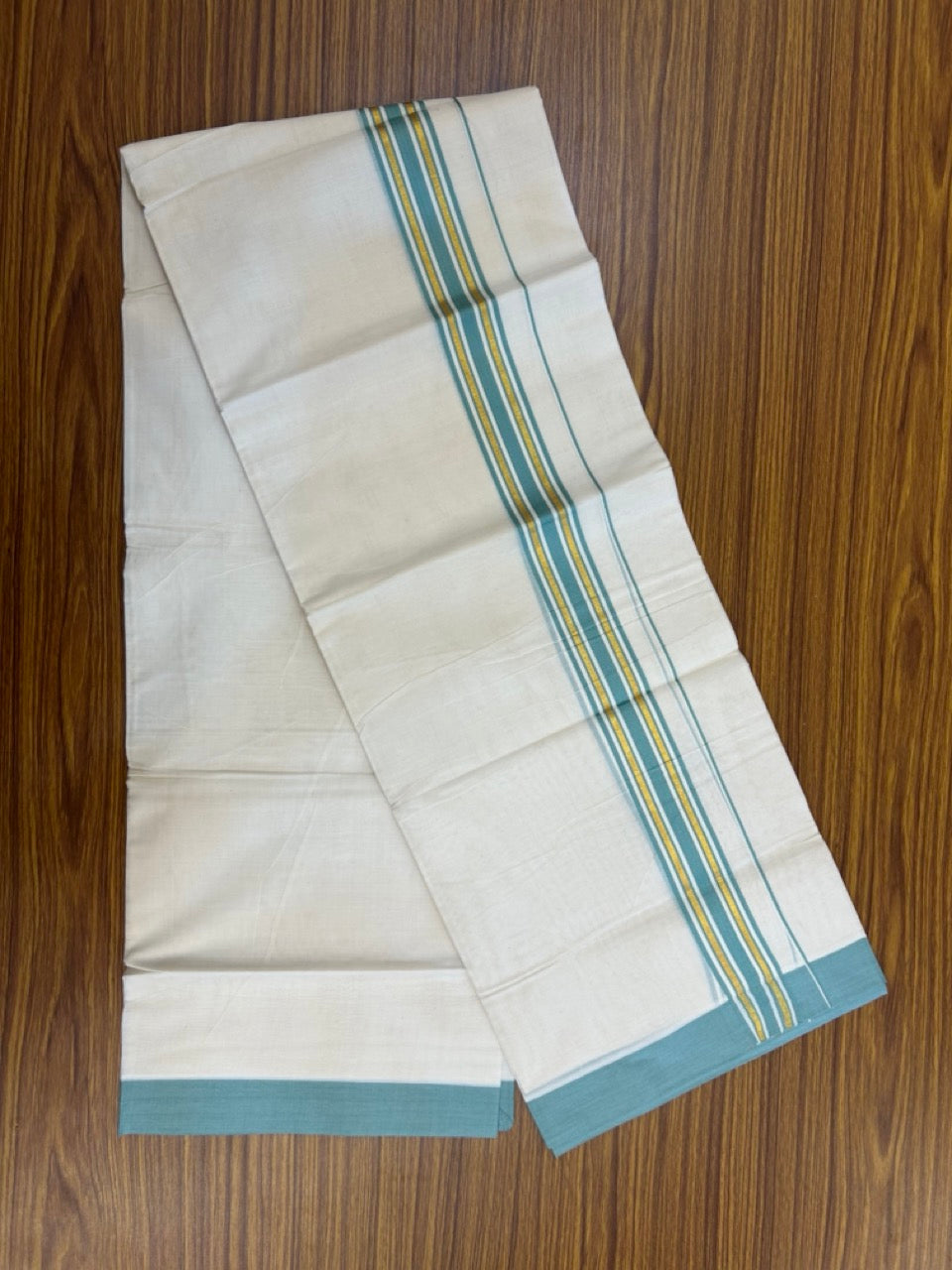20% Discount! KaithariKada Balaramapuram 100% Cotton Off white Double Mundu/Dhoti - (100x80)S - 1.5 inch Gold Kasav & Mint Blue Striped Kara - 4mtr (8.5muzham) - 86 KK5255 VAS