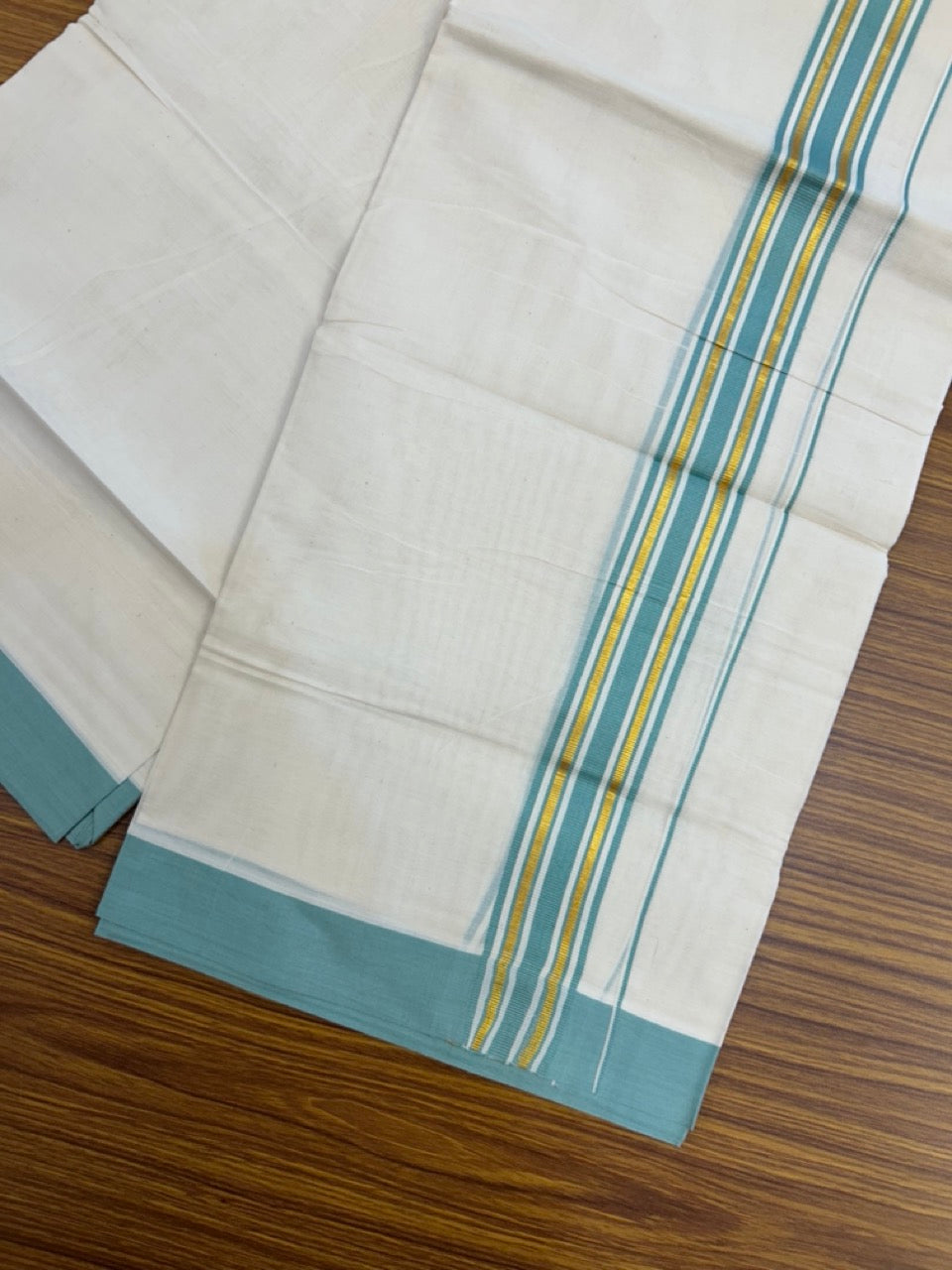 20% Discount! KaithariKada Balaramapuram 100% Cotton Off white Double Mundu/Dhoti - (100x80)S - 1.5 inch Gold Kasav & Mint Blue Striped Kara - 4mtr (8.5muzham) - 86 KK5255 VAS