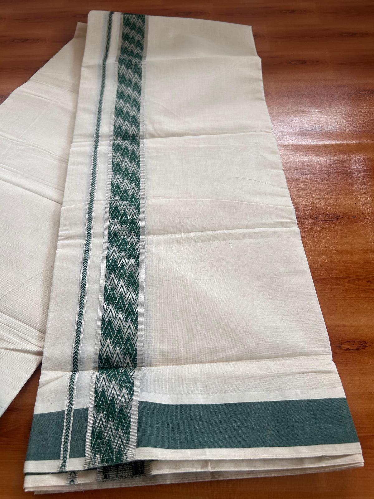 Double Off White (Unbleached) Mundu/Dhoti - 20% Discount! Kaitharikada Pure Cotton - 100x80 - 1.75 Inch Silver Kasav & Green Jacquard Design Kara 4 mtr (8.5 muzham) - 3 KK5541 PMC