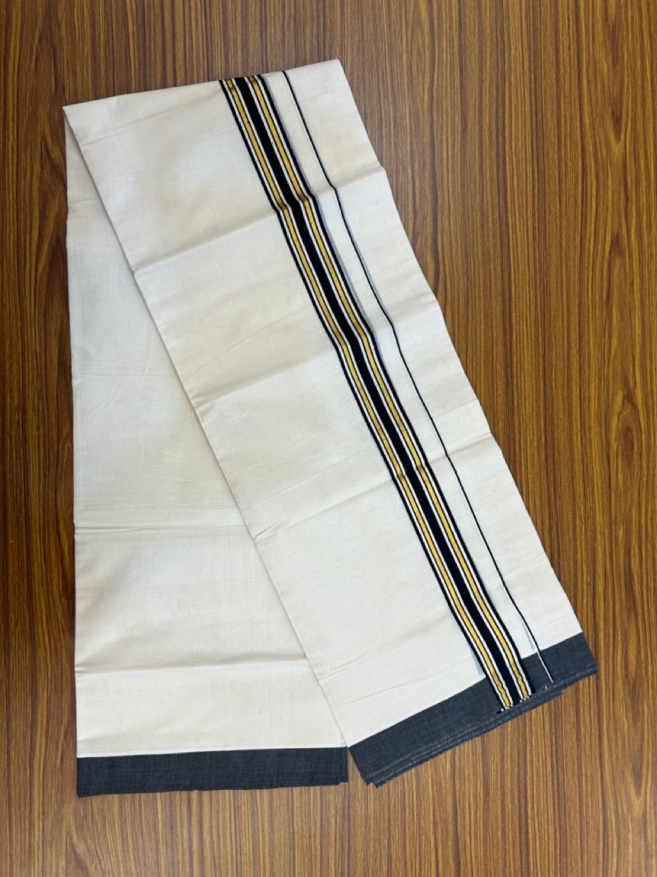 20% Discount! KaithariKada Balaramapuram 100% Cotton Off white Double Mundu/Dhoti - (100x80)S - 1.5 inch Gold Kasav & Black Striped Kara - 4mtr (8.5muzham) - 87 KK5255 VAS