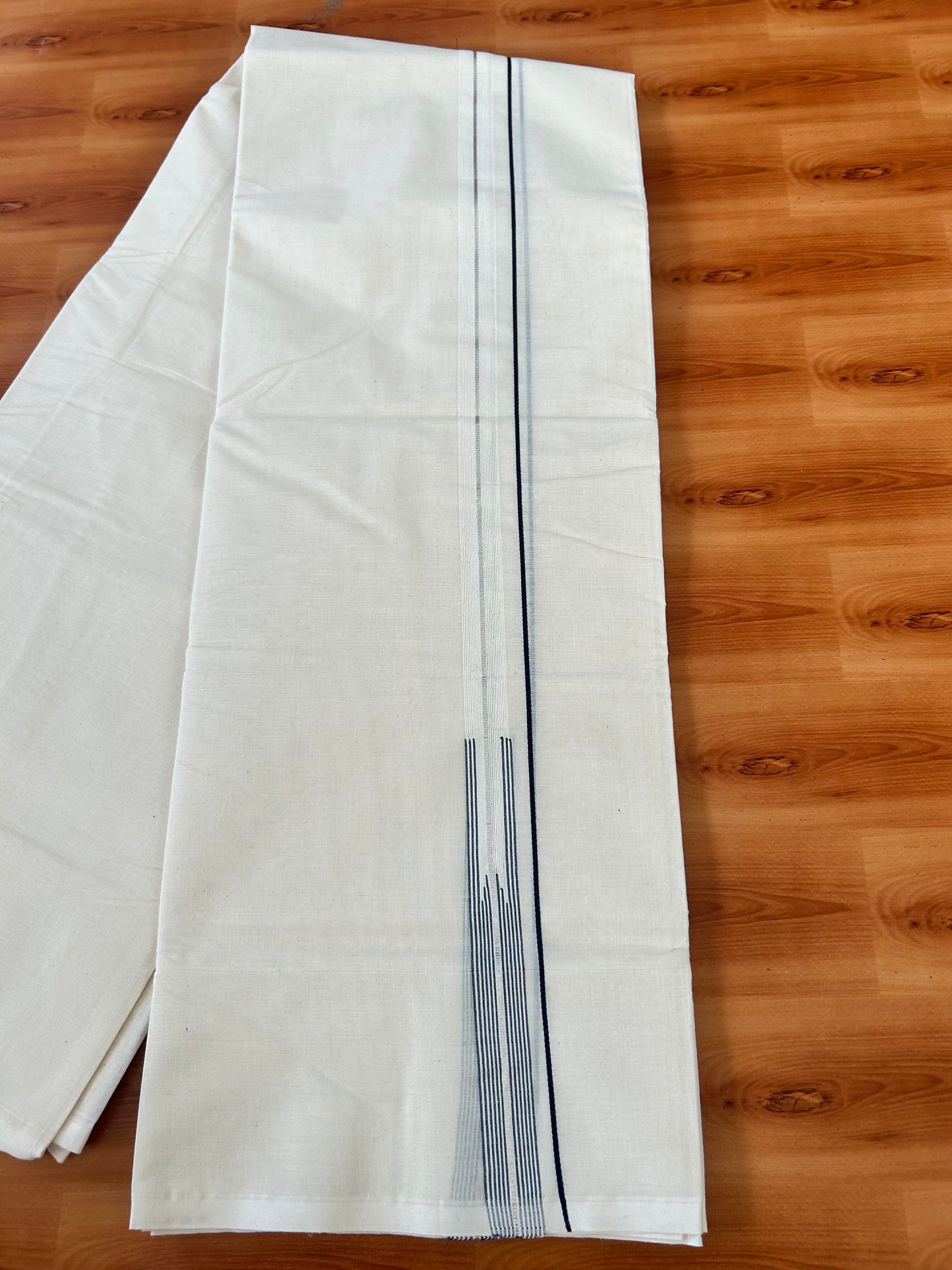 20% Discount! KaithariKada Balaramapuram 100% Cotton Double Off white Mundu/Dhoti- 100x100 - 0.75 inch Puliyilakkara Silver Kasav & Dark Blue Striped Chutty Kara - 3.85 mtr (8 muzham) - 1 KK5423 ASH