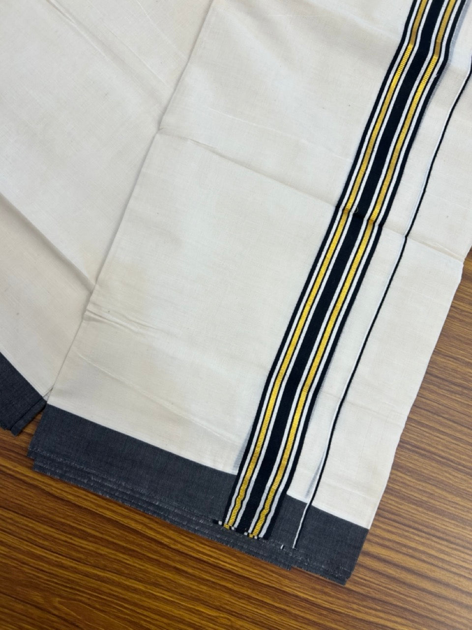 20% Discount! KaithariKada Balaramapuram 100% Cotton Off white Double Mundu/Dhoti - (100x80)S - 1.5 inch Gold Kasav & Black Striped Kara - 4mtr (8.5muzham) - 87 KK5255 VAS